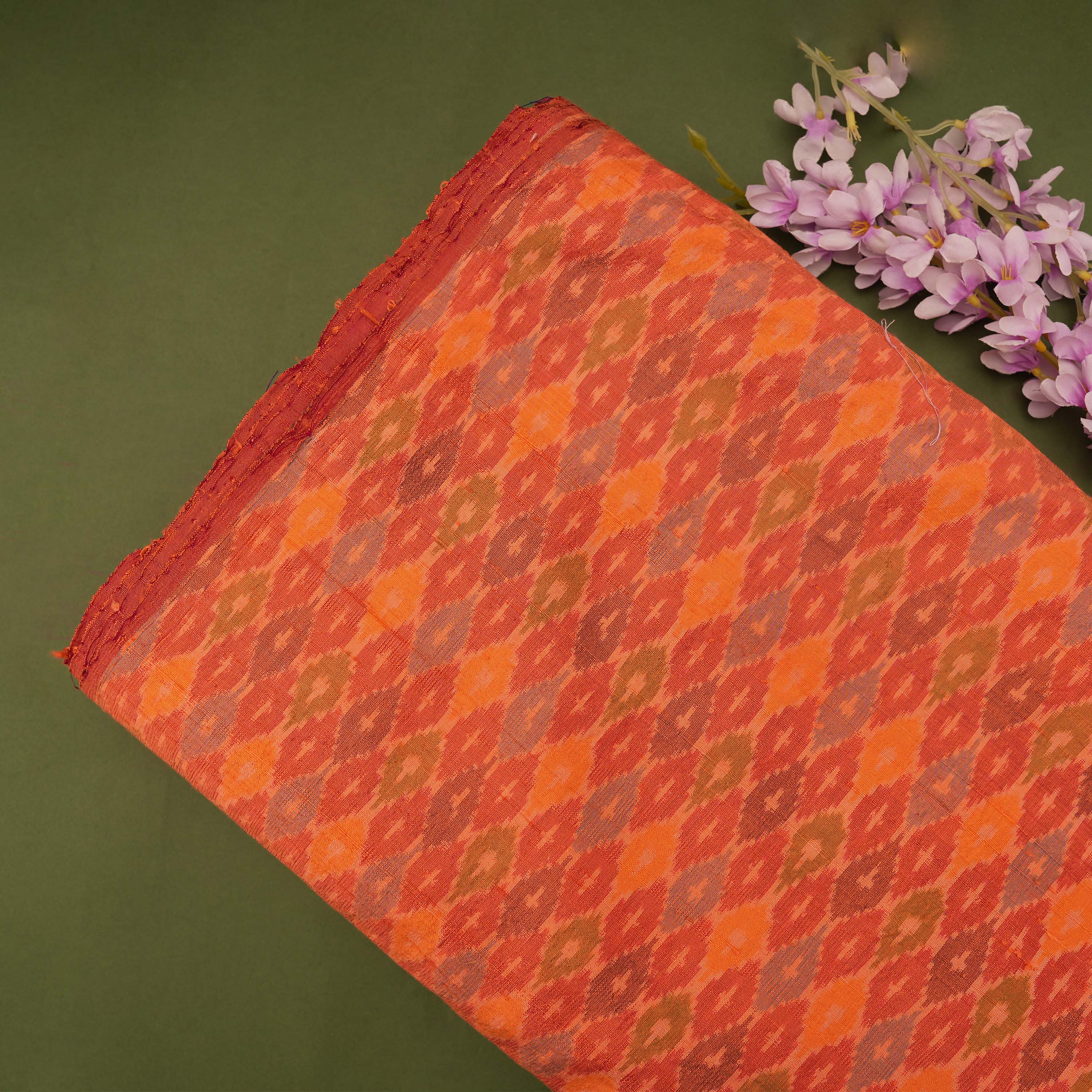 Rust Orange Patola Ikat Pattern Raw Silk Fabric