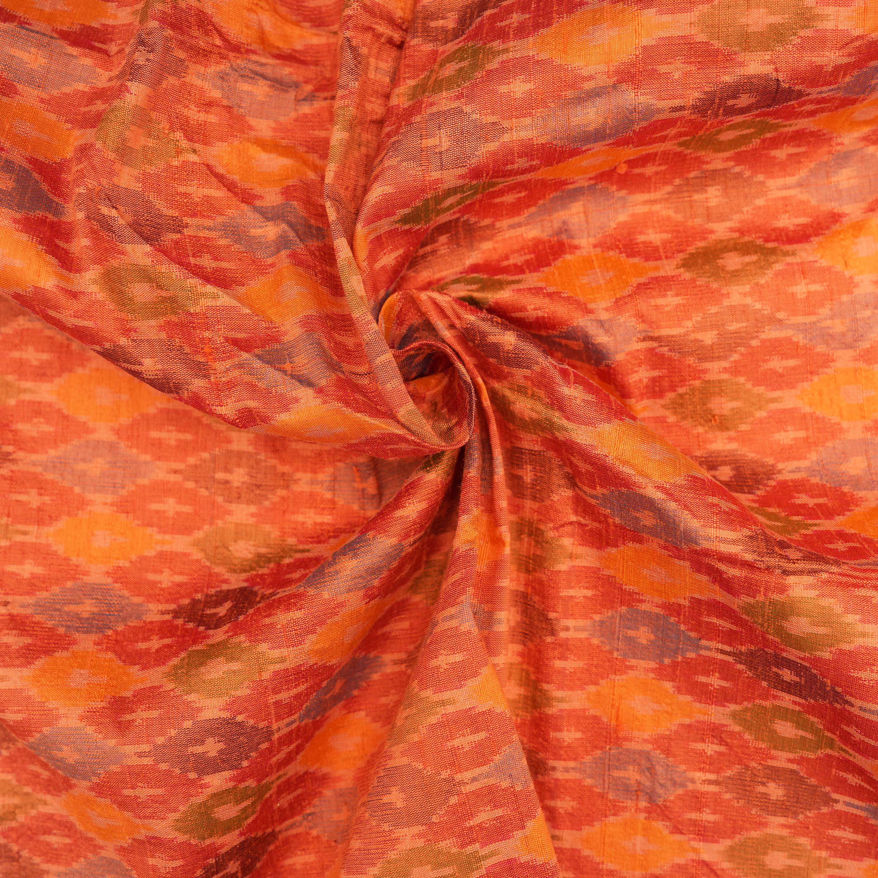 Rust Orange Patola Ikat Pattern Raw Silk Fabric