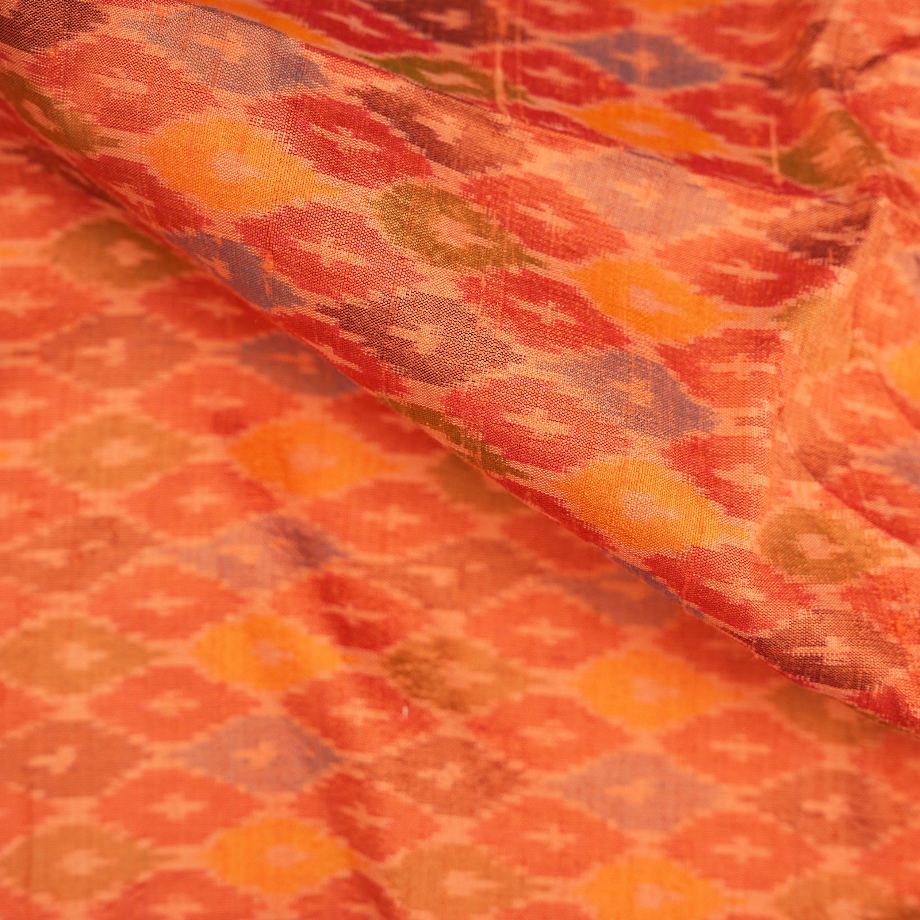 Rust Orange Patola Ikat Pattern Raw Silk Fabric