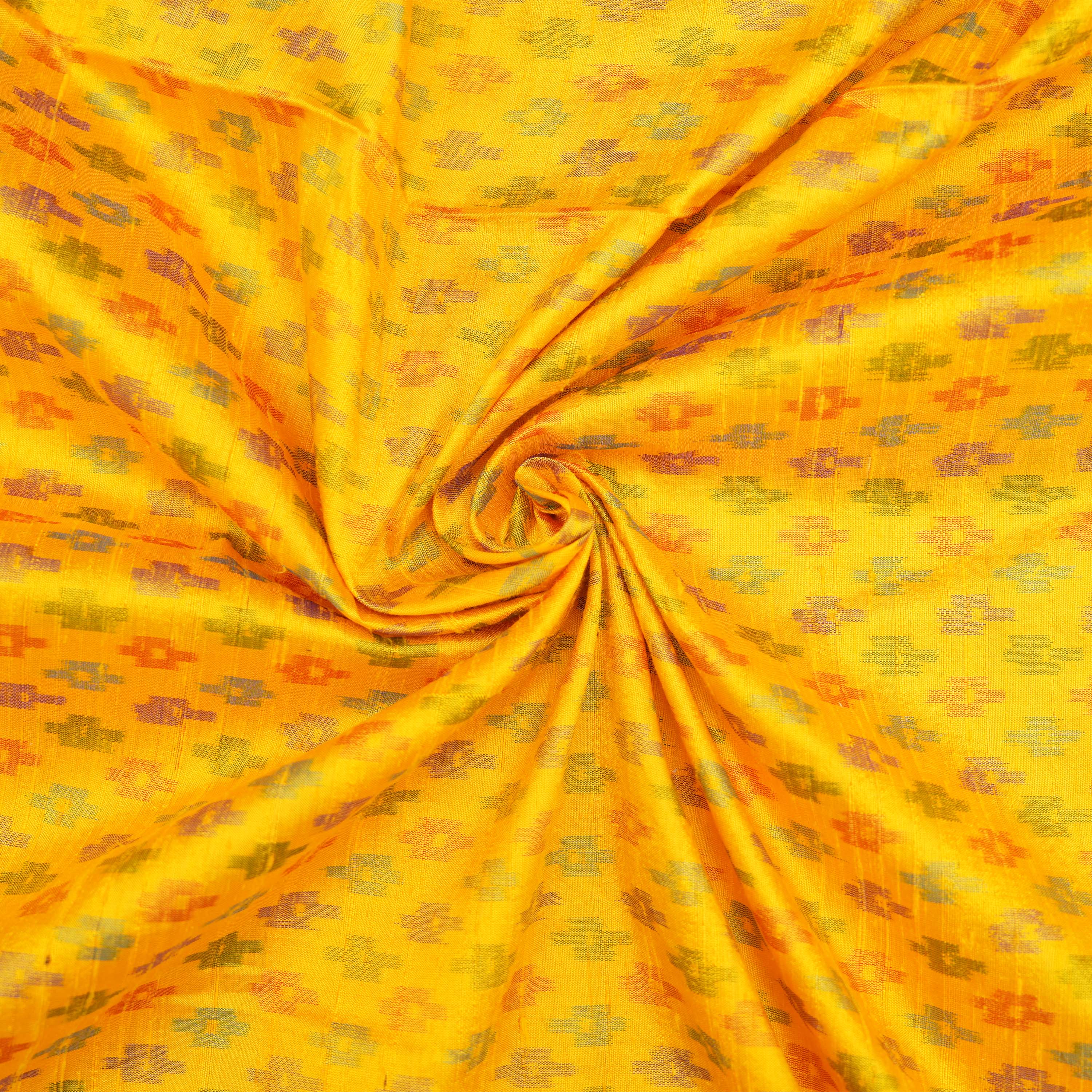Pantone Yellow Patola Ikat Pattern Raw Silk Fabric