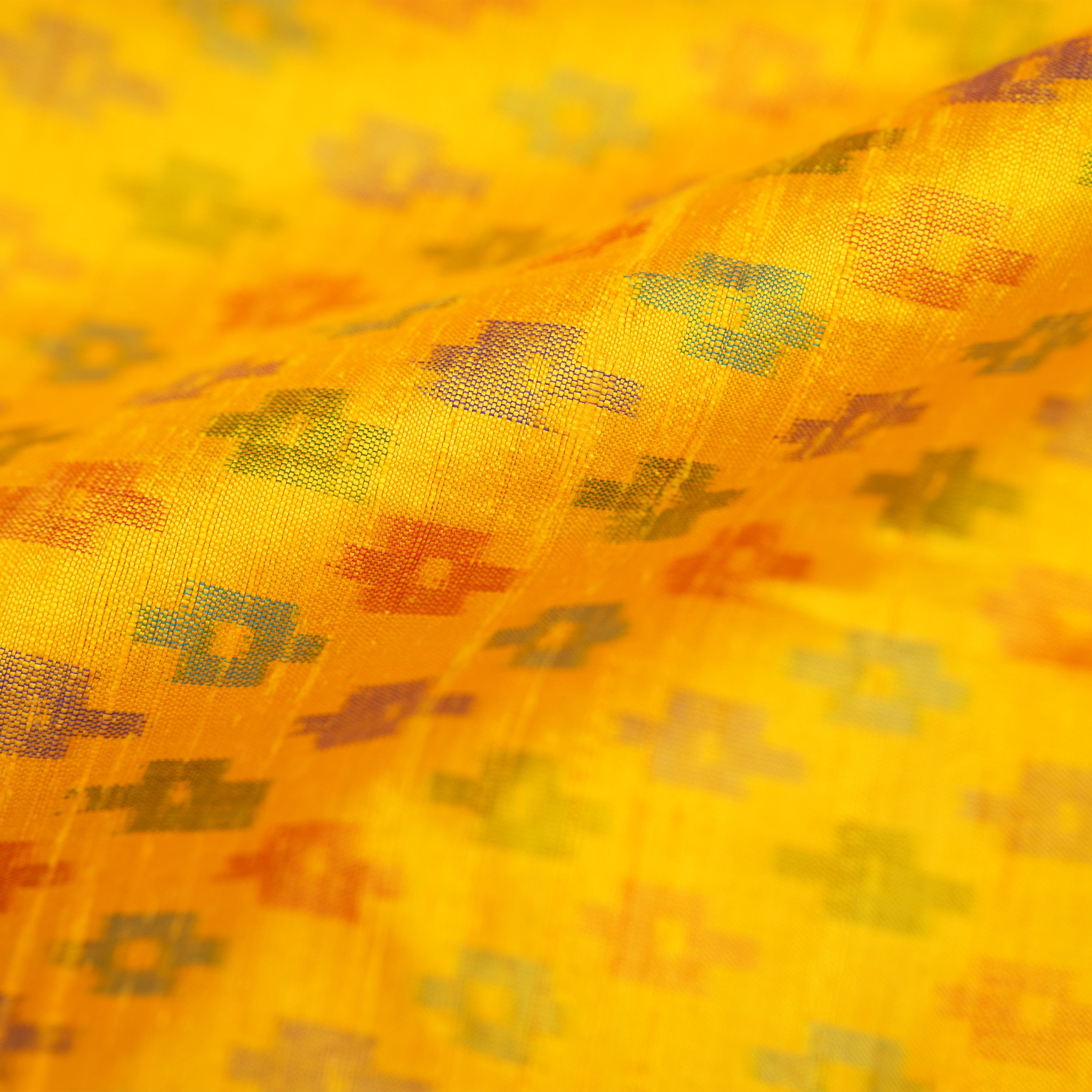 Pantone Yellow Patola Ikat Pattern Raw Silk Fabric