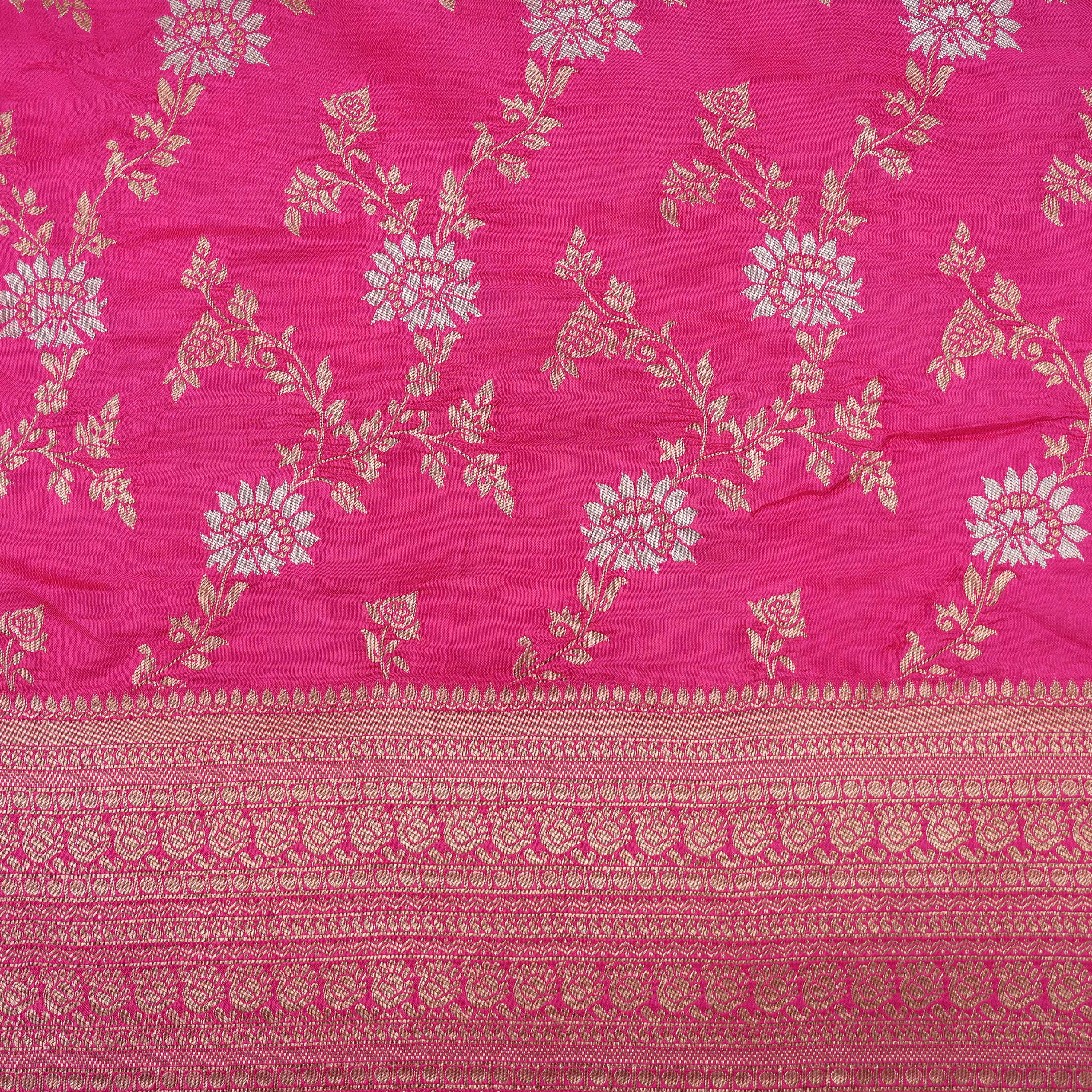 Burnt Pink Floral Jaal Scalloped Border Banarasi Silk Fabric