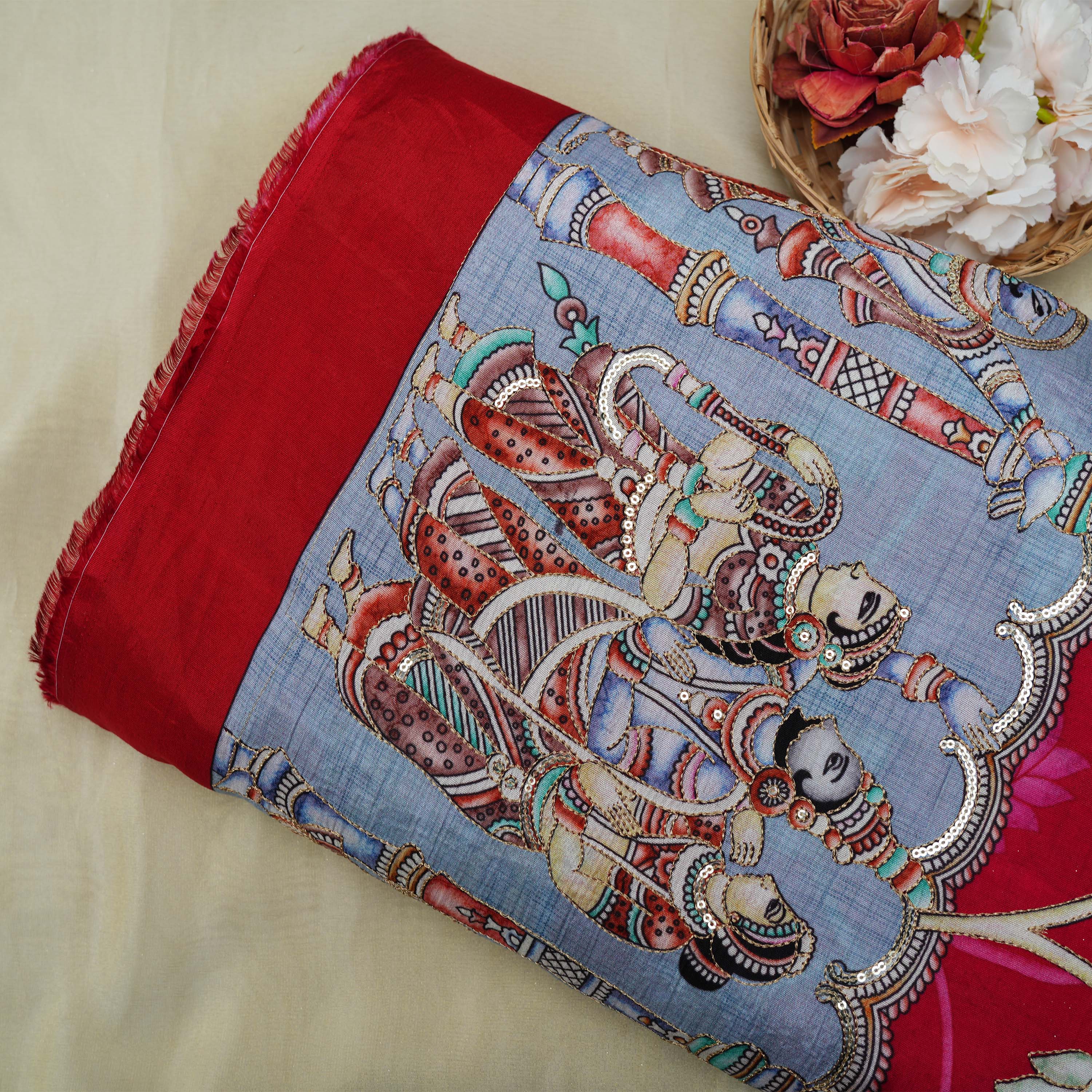 Cornell Red Indian Mythology Kalamkari Printed Tissue Fabric