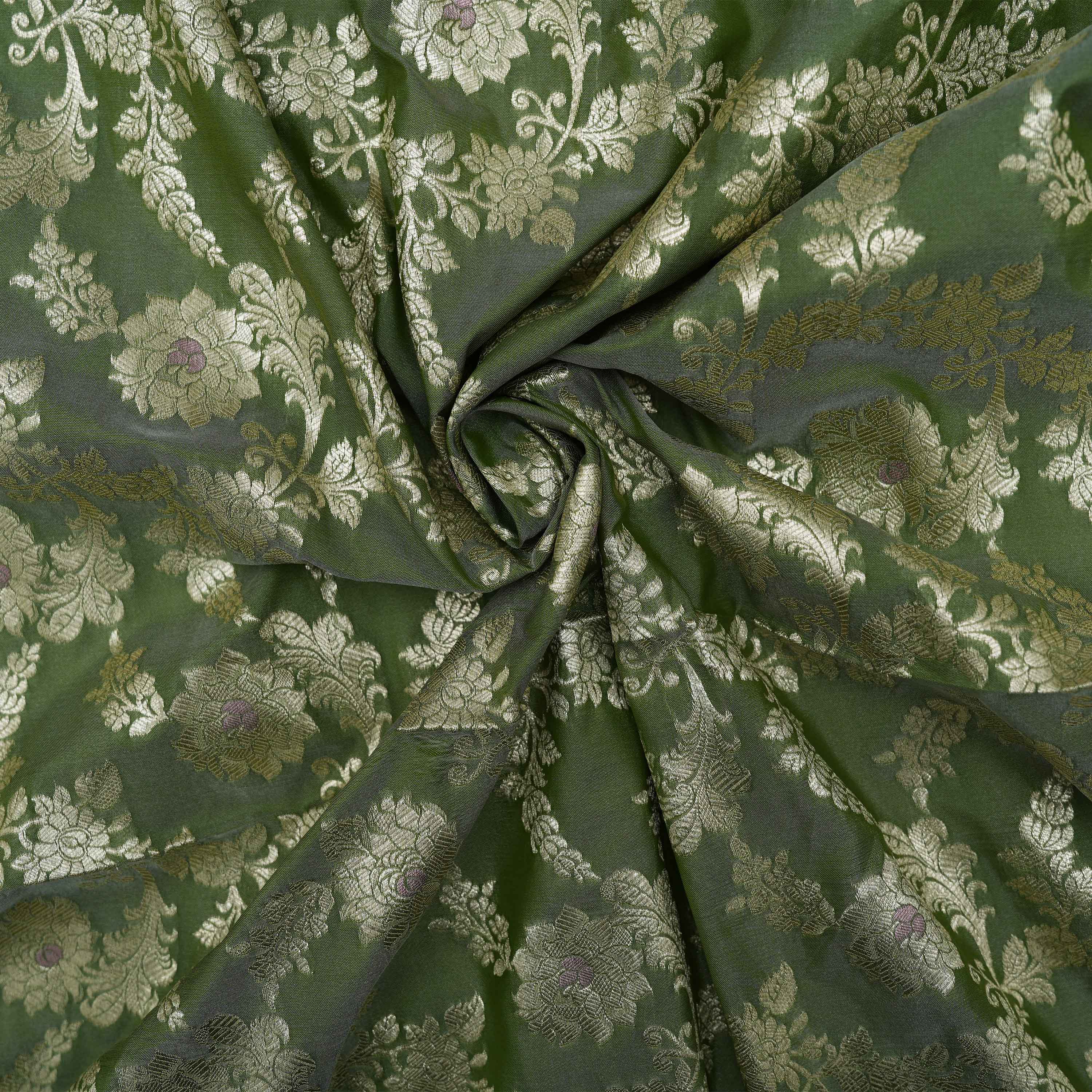 Hemlock Green Floral Jaal Banarasi Silk Fabric