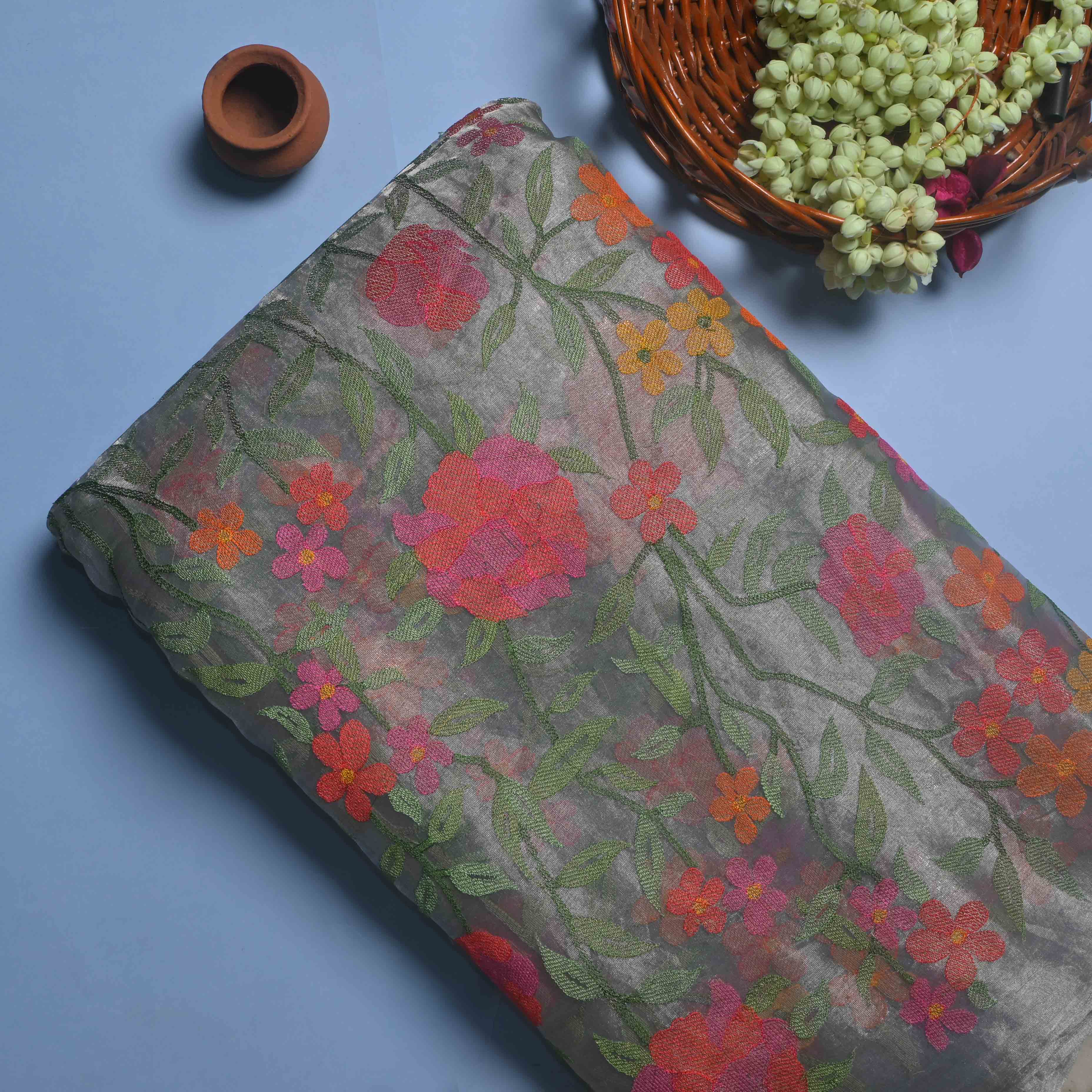 Metallic Silver Tissue Fabric With Jaal Embroidery