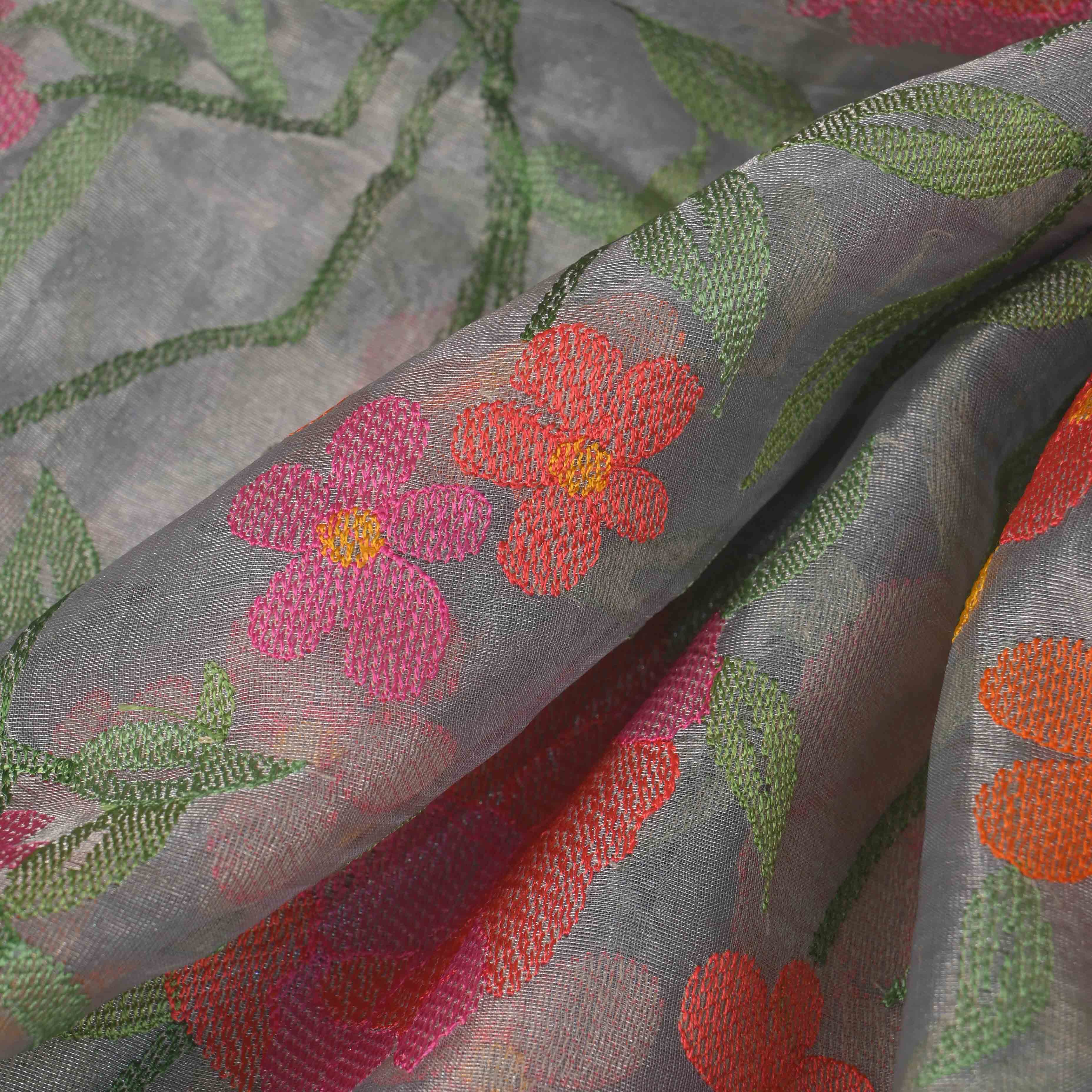 Metallic Silver Tissue Fabric With Jaal Embroidery