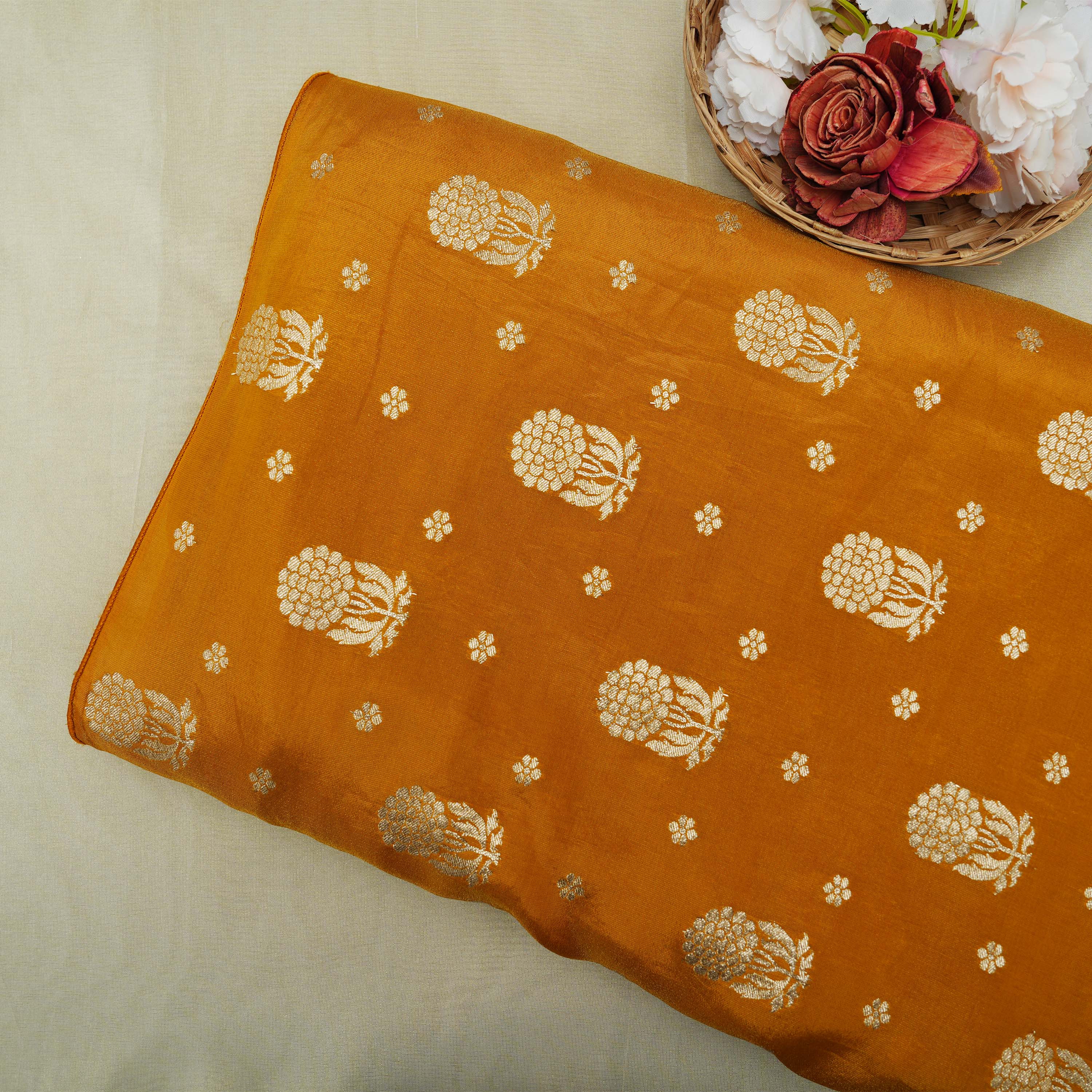 Burnt Orange Floral Buttis Banarasi Tissue Fabric