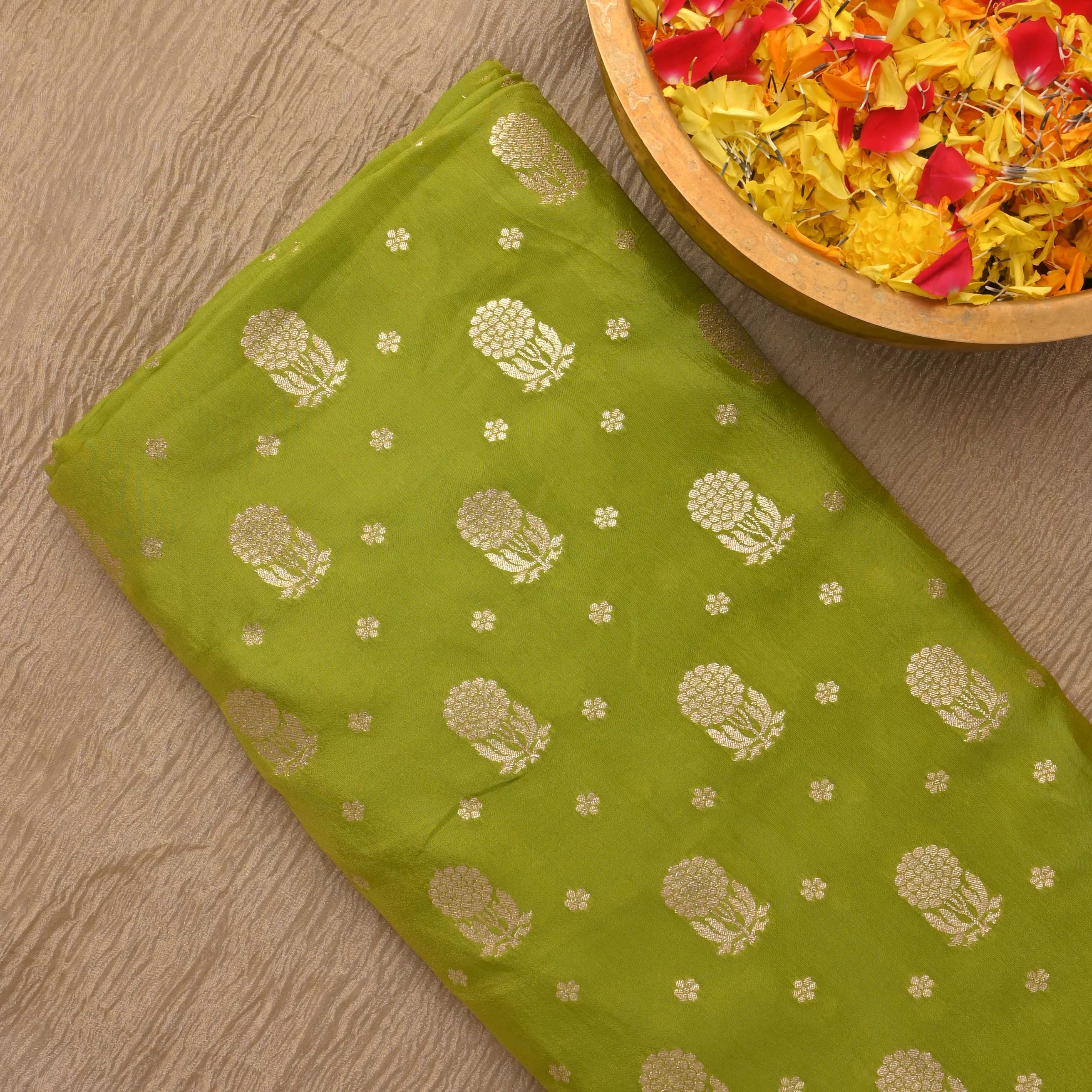 Apple Green Tissue Fabric With Zari Weaving