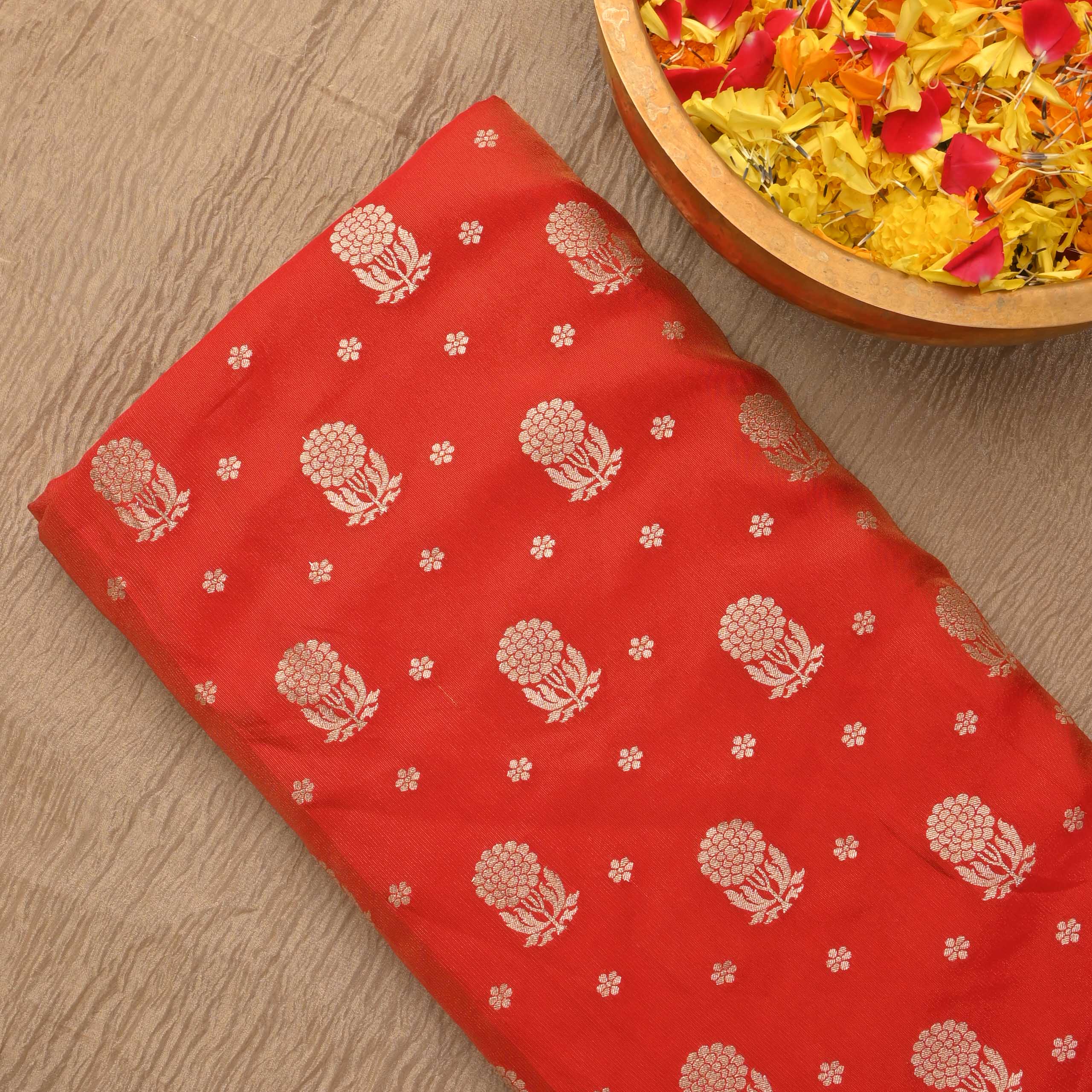 Prismatic Red Tissue Fabric With Zari Weaving