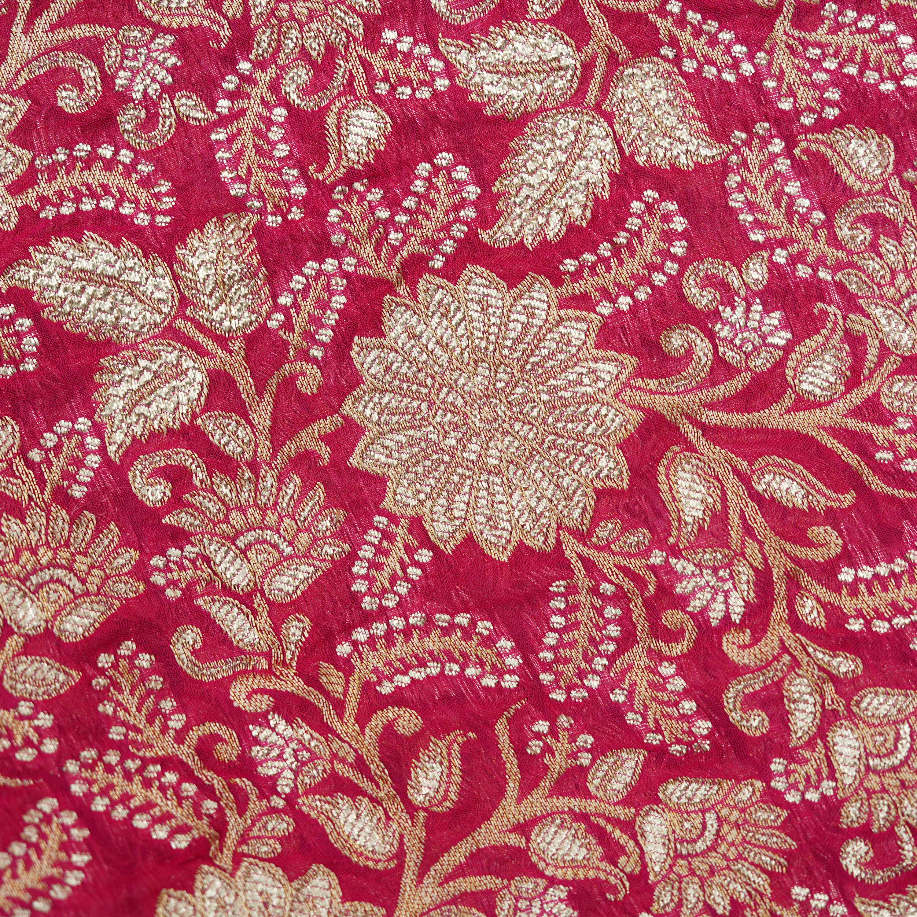 Deep Carmine Pink Floral And Sequins Embroidered Georgette Fabric