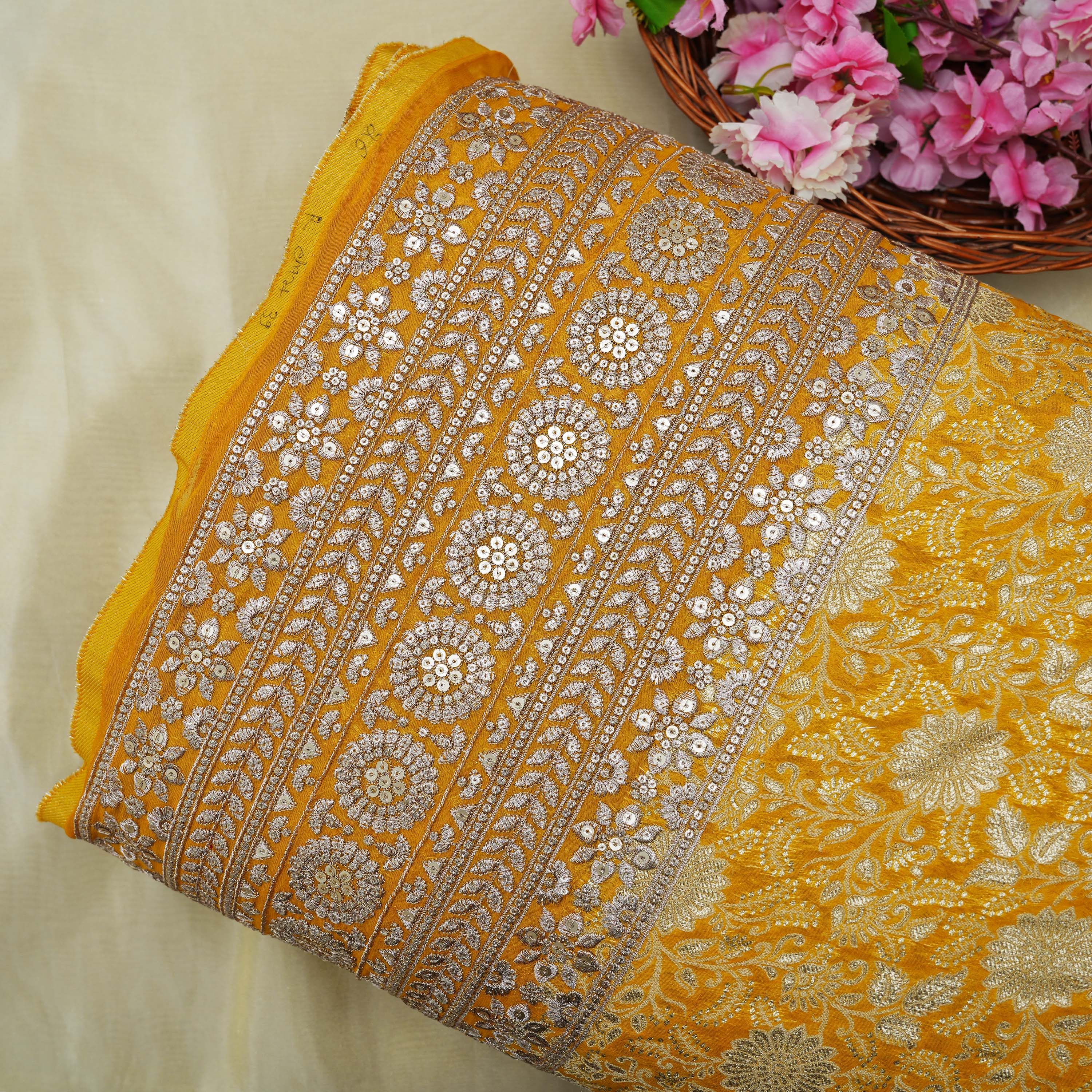 Indochine Orange Floral And Sequins Embroidered Georgette Fabric