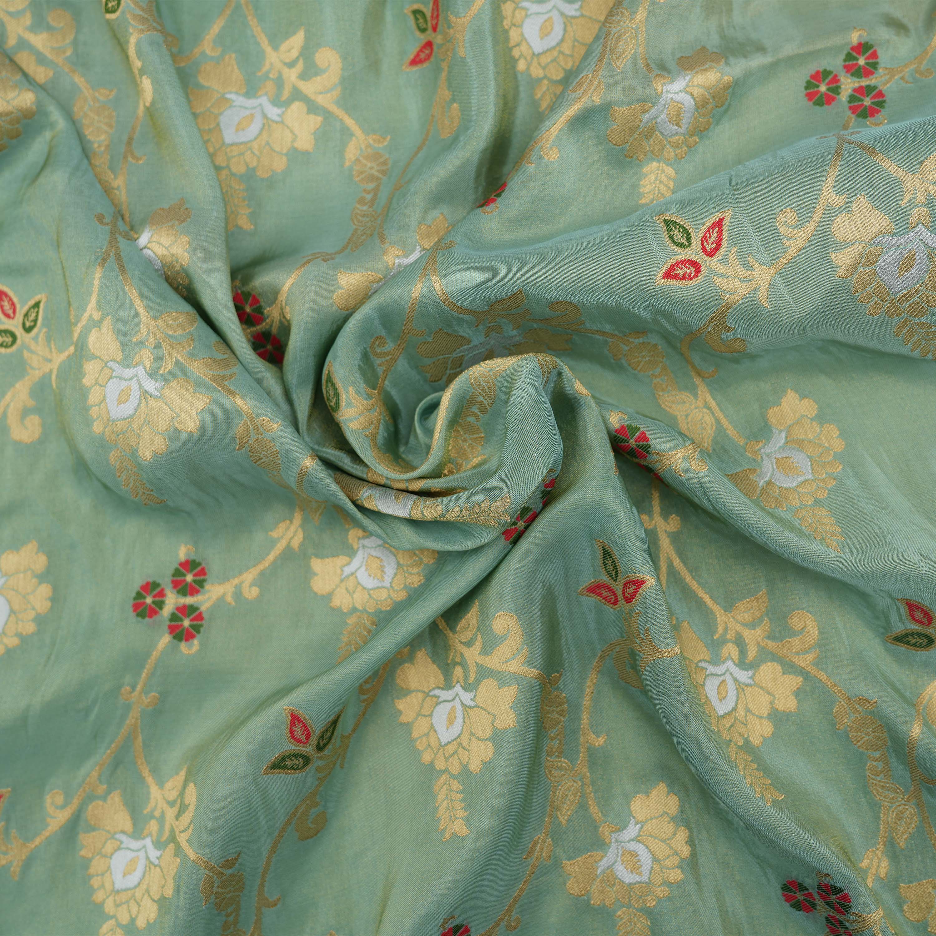 Greenish Cyan Intricate Floral Banarasi Tissue Fabric