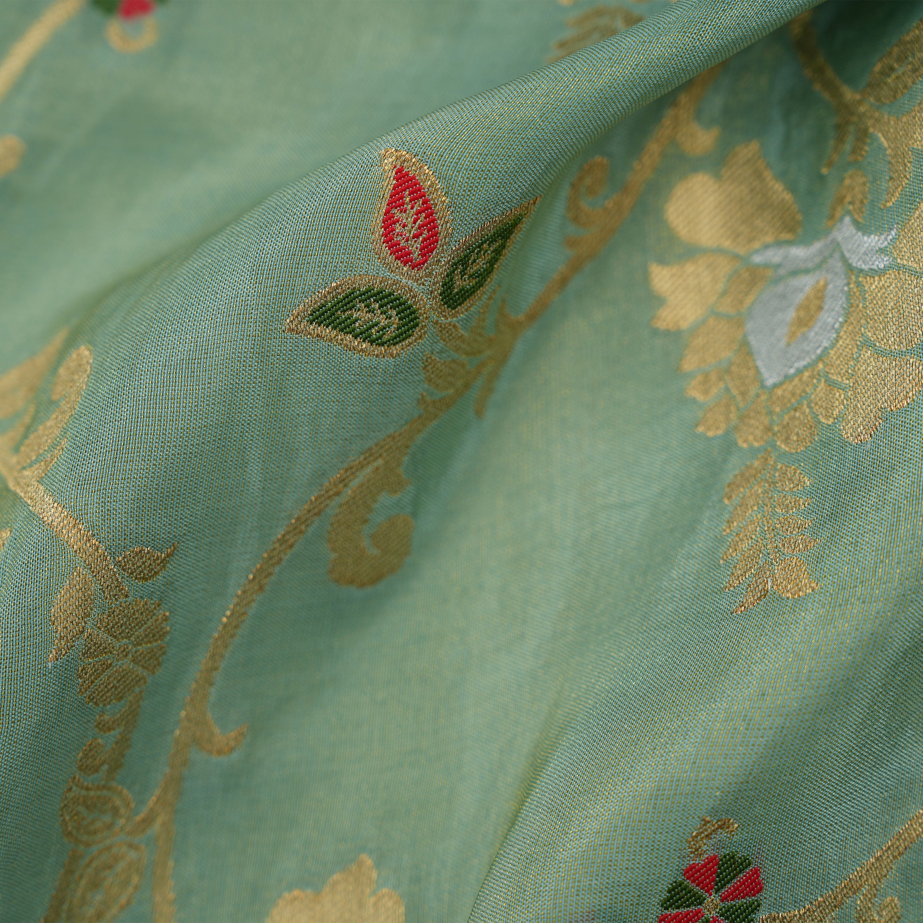 Greenish Cyan Inricate Floral Banarasi Tissue Fabric