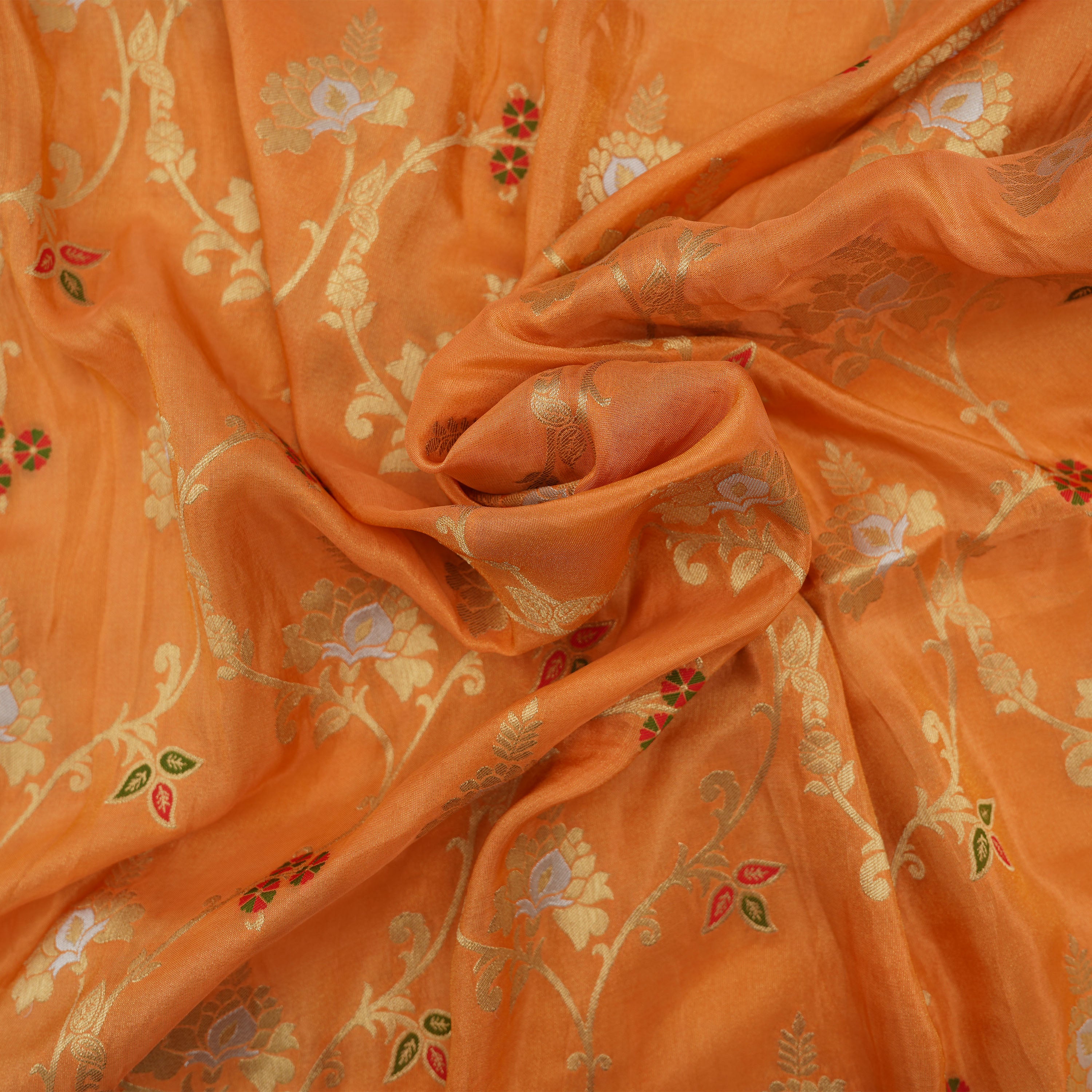 Brownish Orange Inricate Floral Banarasi Tissue Fabric