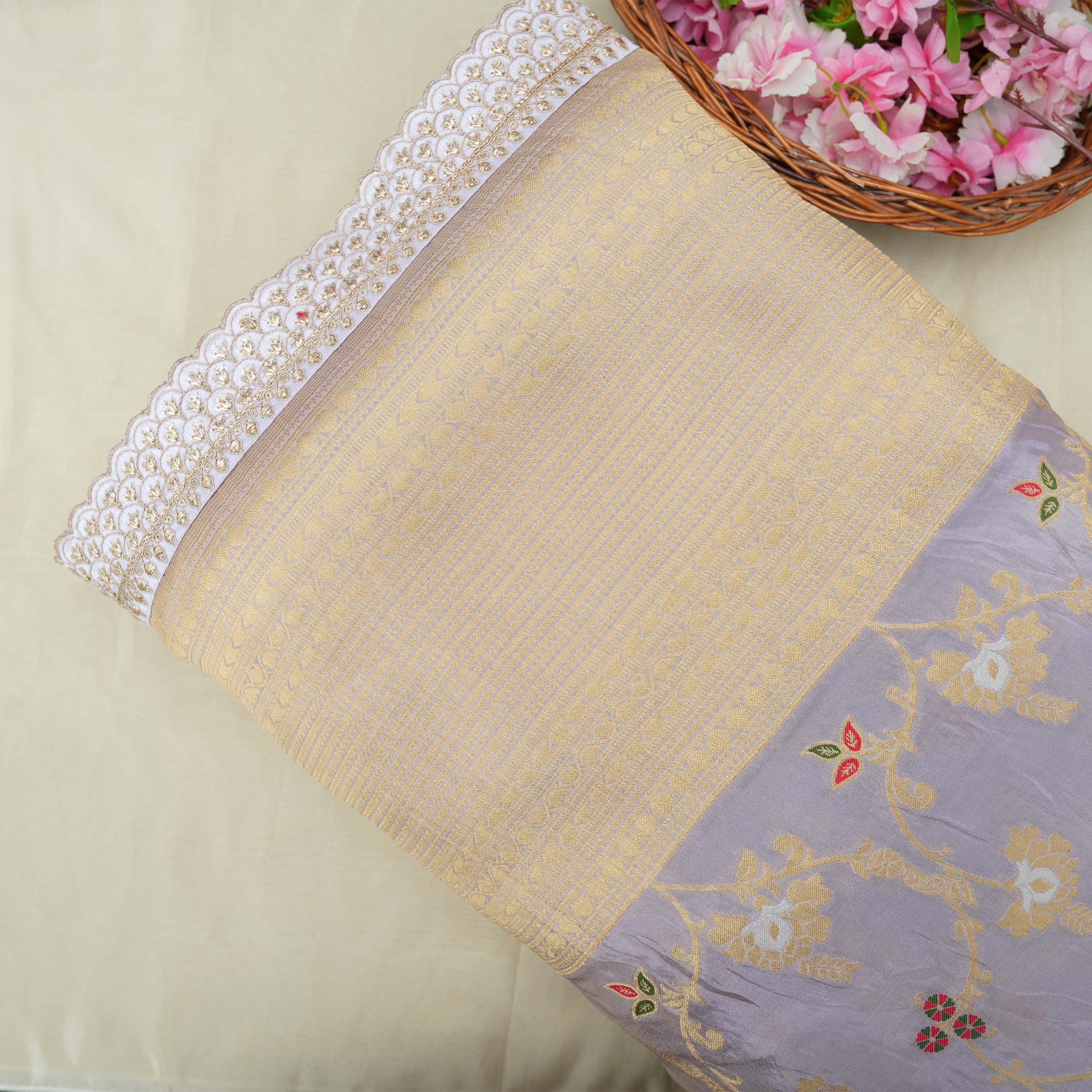 Pale Mauve Structured Floral Jaal Banarasi Tissue Fabric