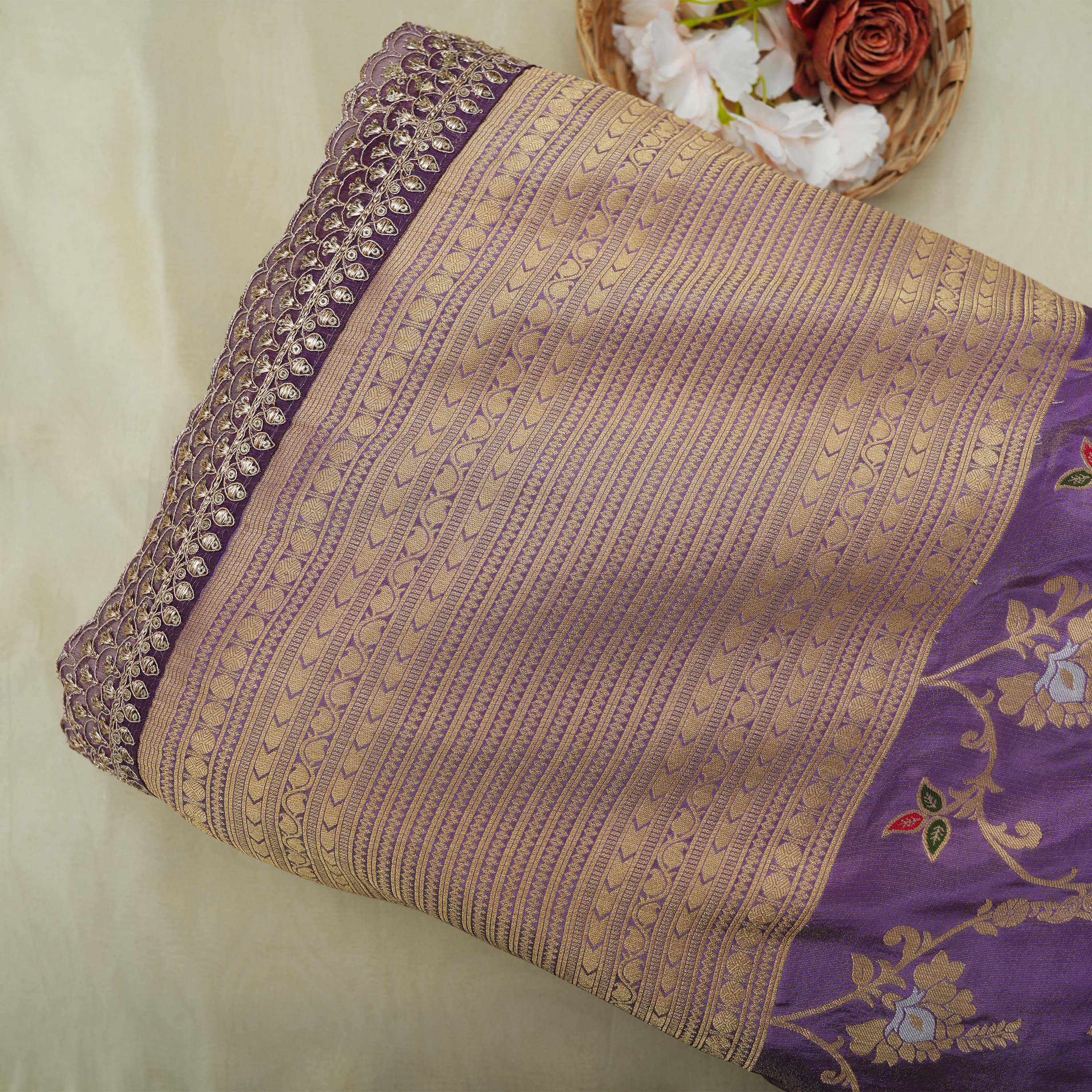 Grape Purple Intricate Floral Banarasi Tissue Fabric