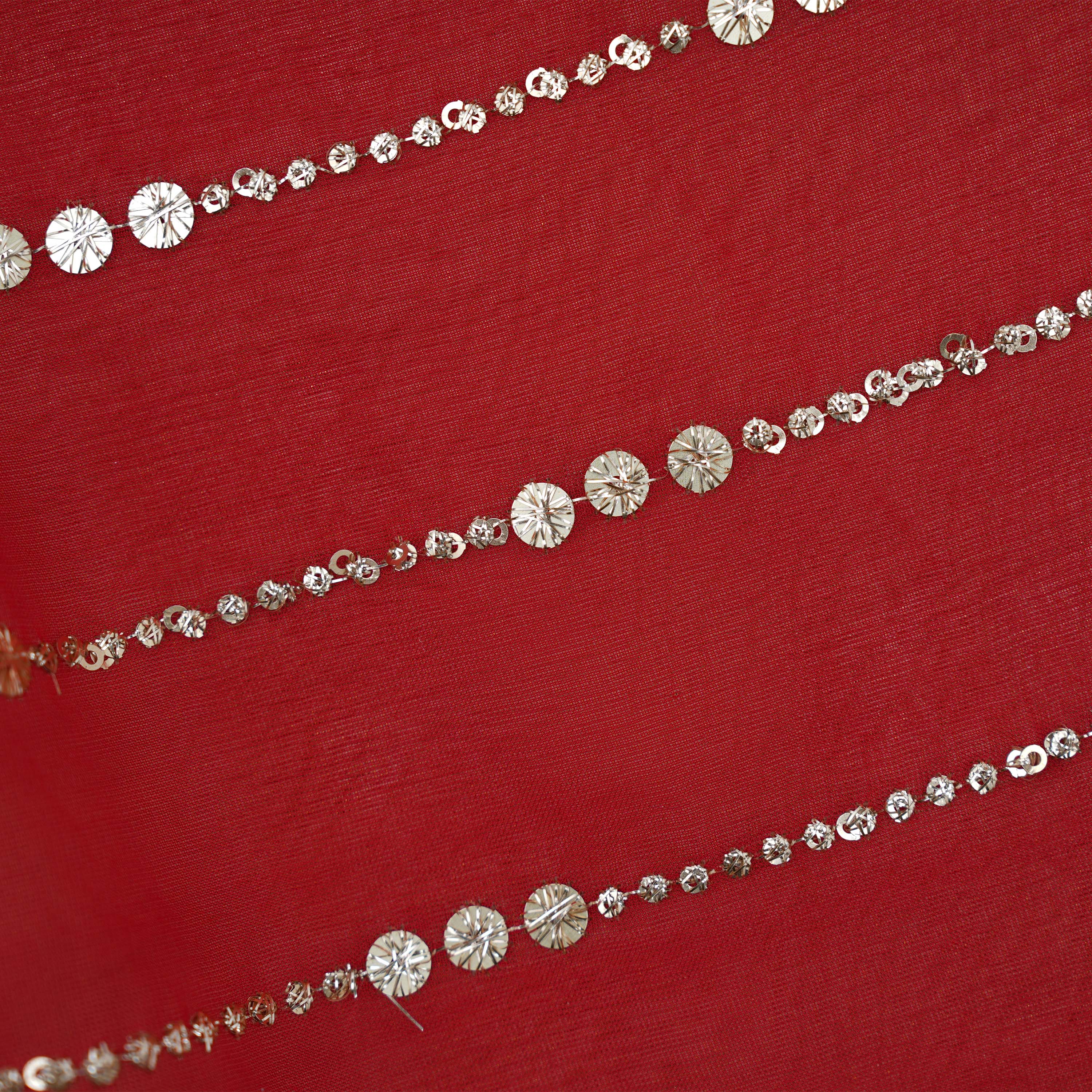 Crimson Red Mirror Zari Embroidered Organza Fabric