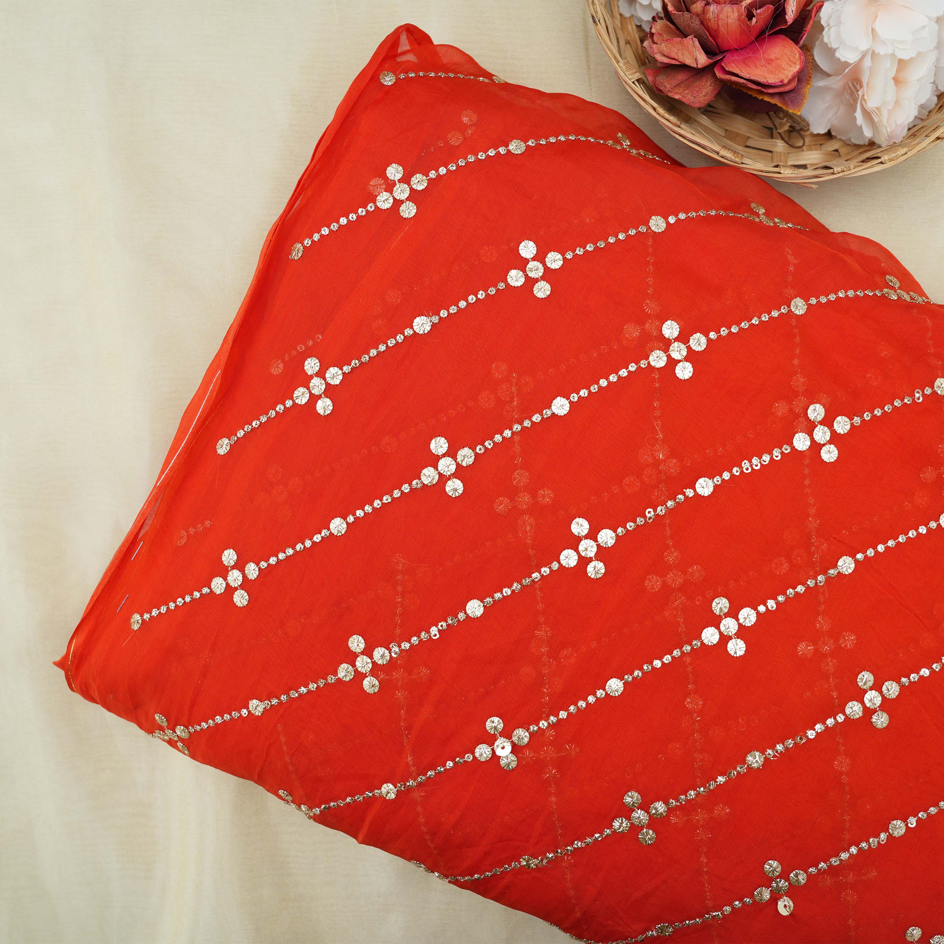 Lava Red Orange Mirror Zari Embroidered Organza Fabric