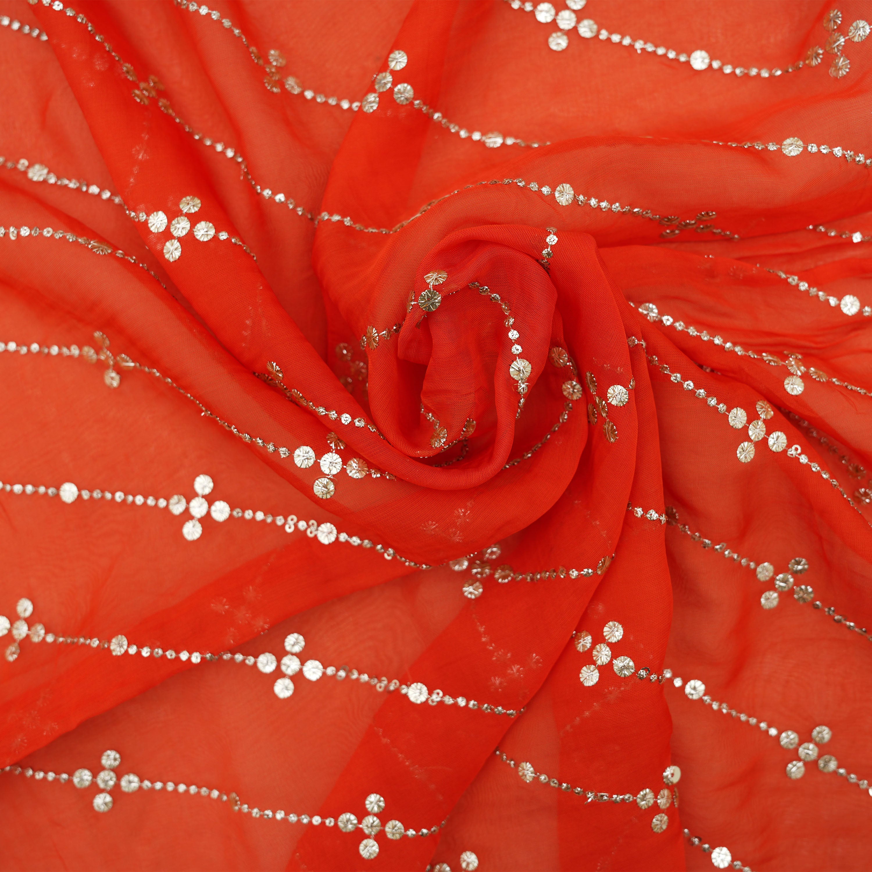 Lava Red Orange Mirror Zari Embroidered Organza Fabric