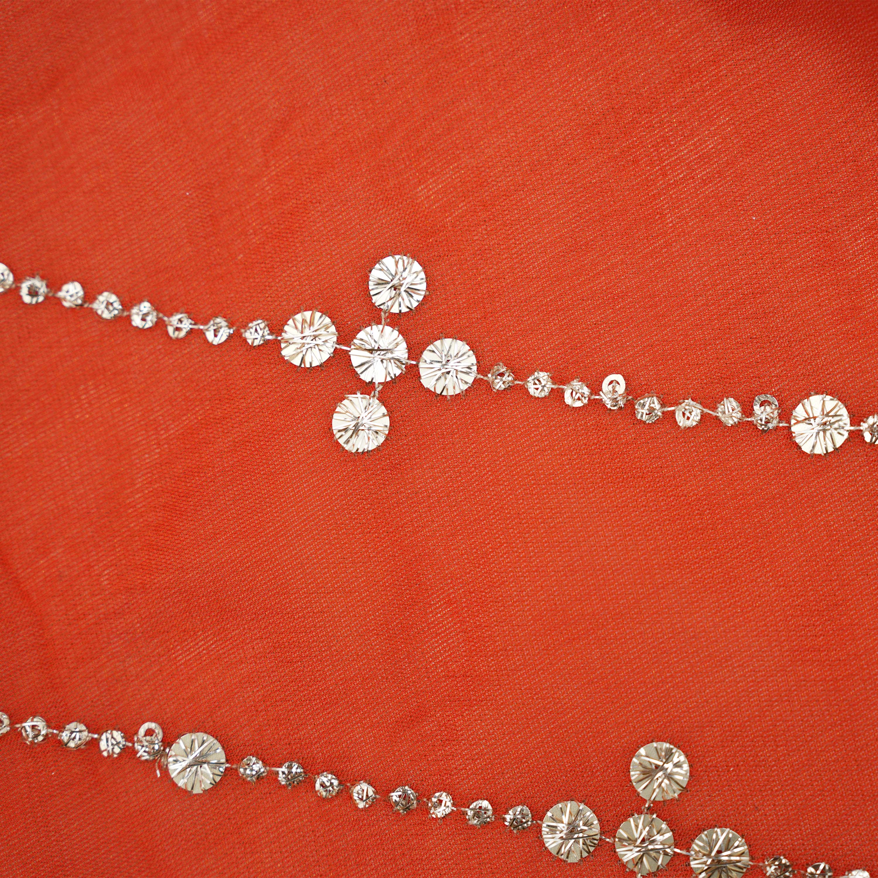 Lava Red Orange Mirror Zari Embroidered Organza Fabric