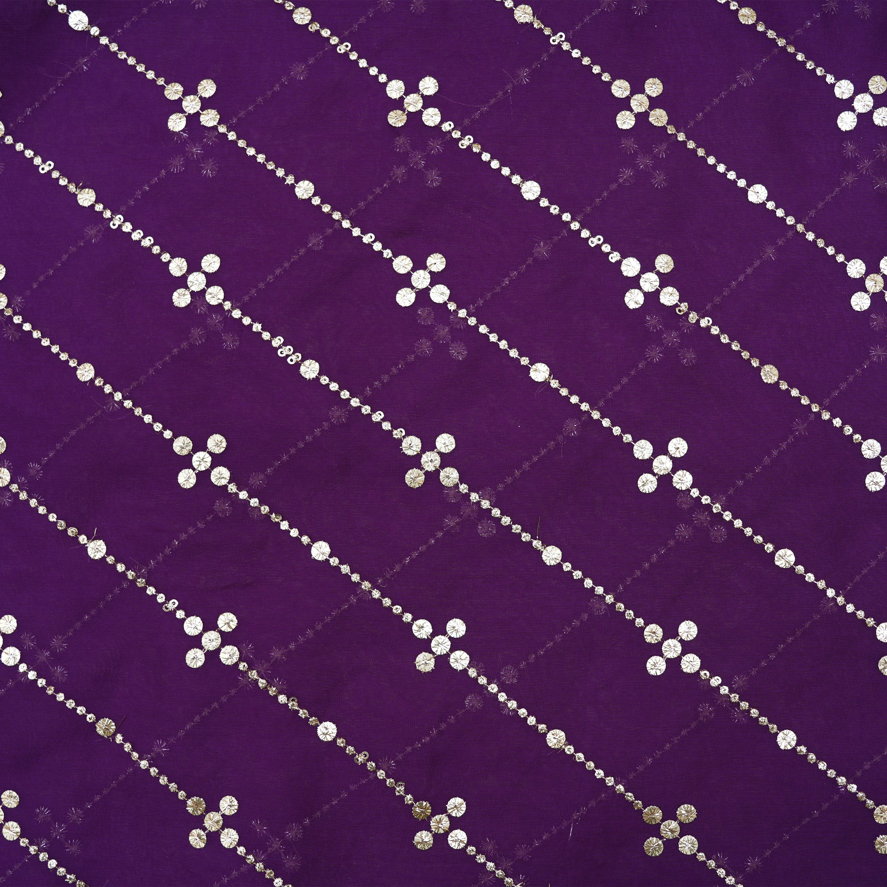 Grape Purple Mirror Zari Embroidered Organza Fabric