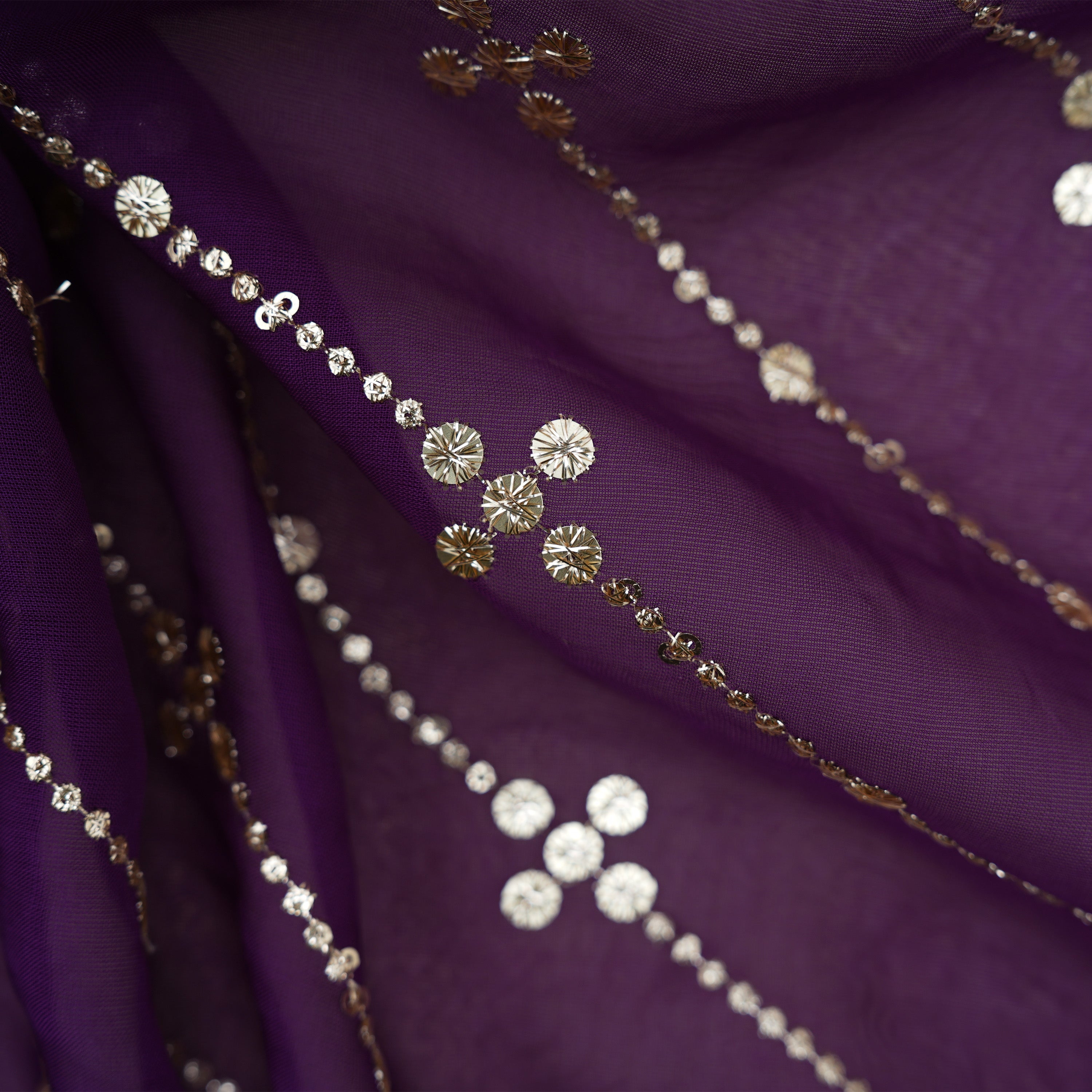 Grape Purple Mirror Zari Embroidered Organza Fabric