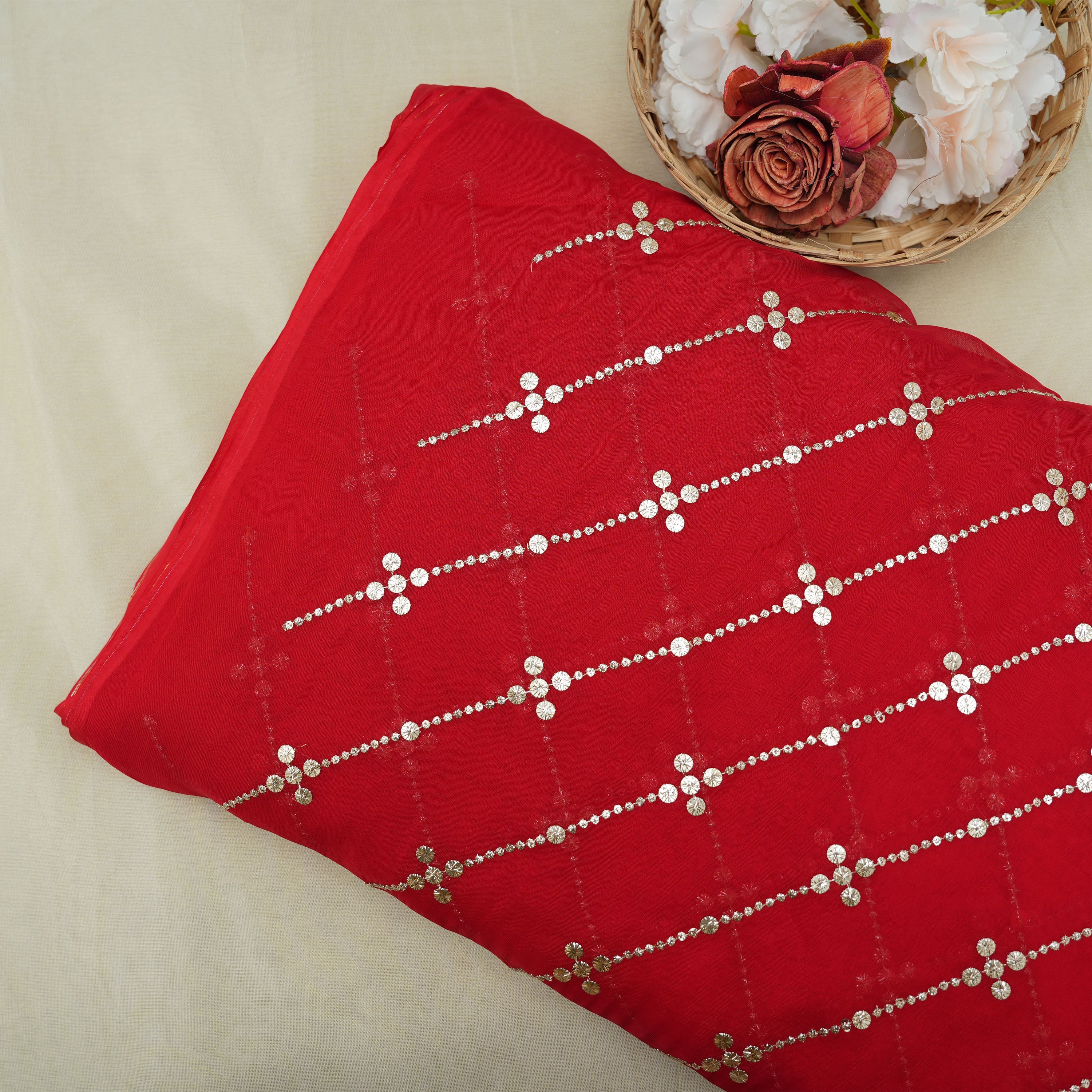 Crimson Red Mirror Zari Embroidered Organza Fabric