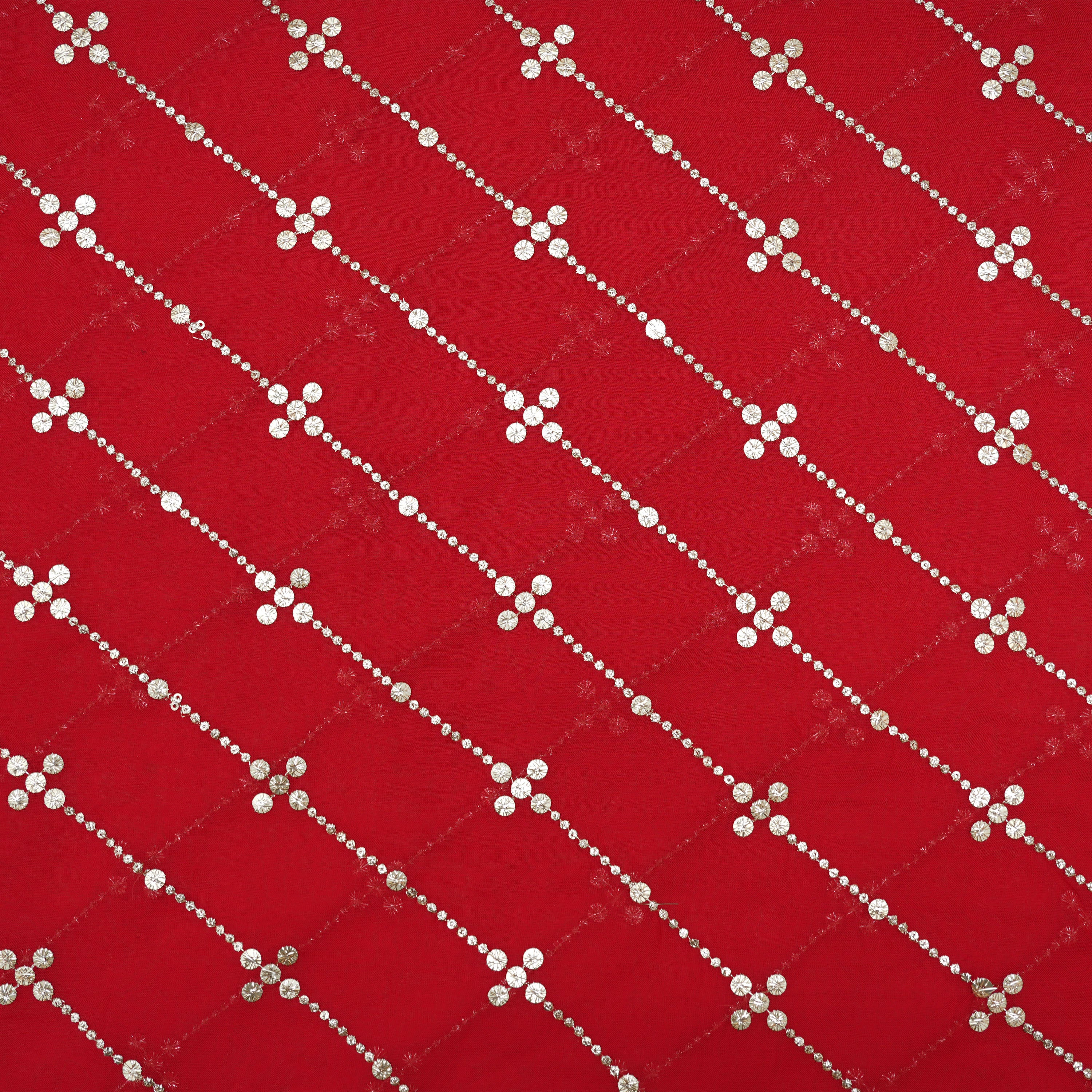 Crimson Red Mirror Zari Embroidered Organza Fabric