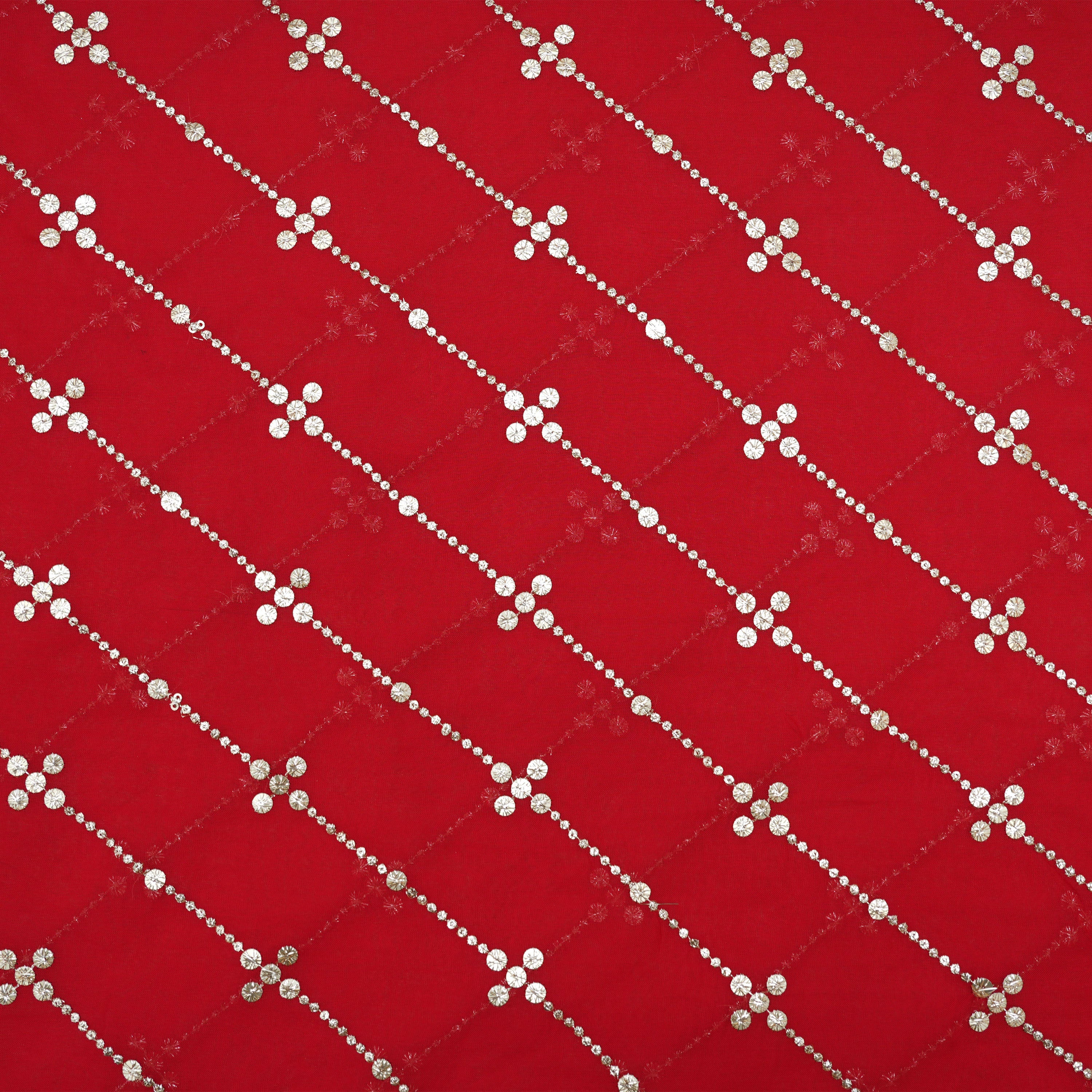 Crimson Red Mirror Zari Embroidered Organza Fabric