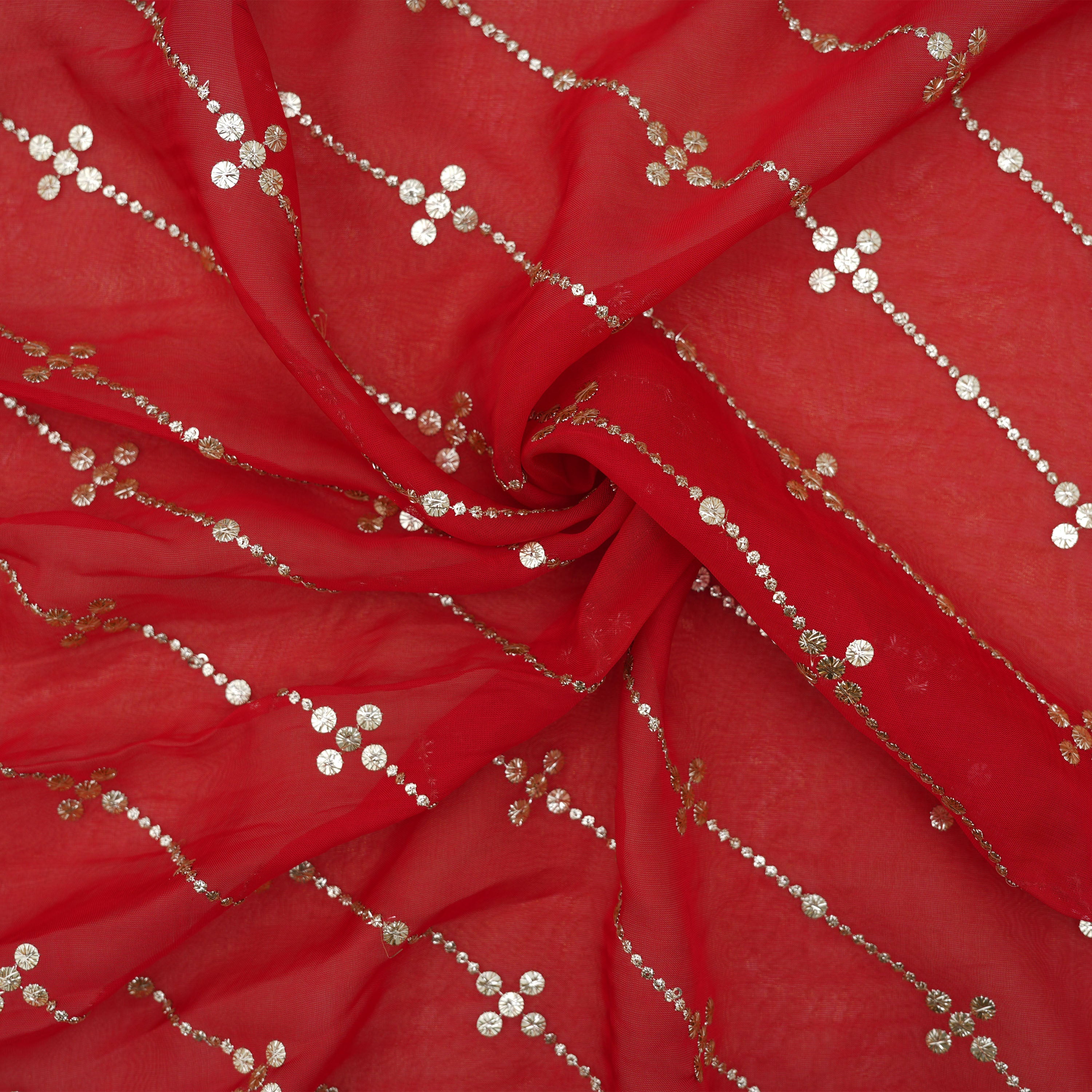 Crimson Red Mirror Zari Embroidered Organza Fabric