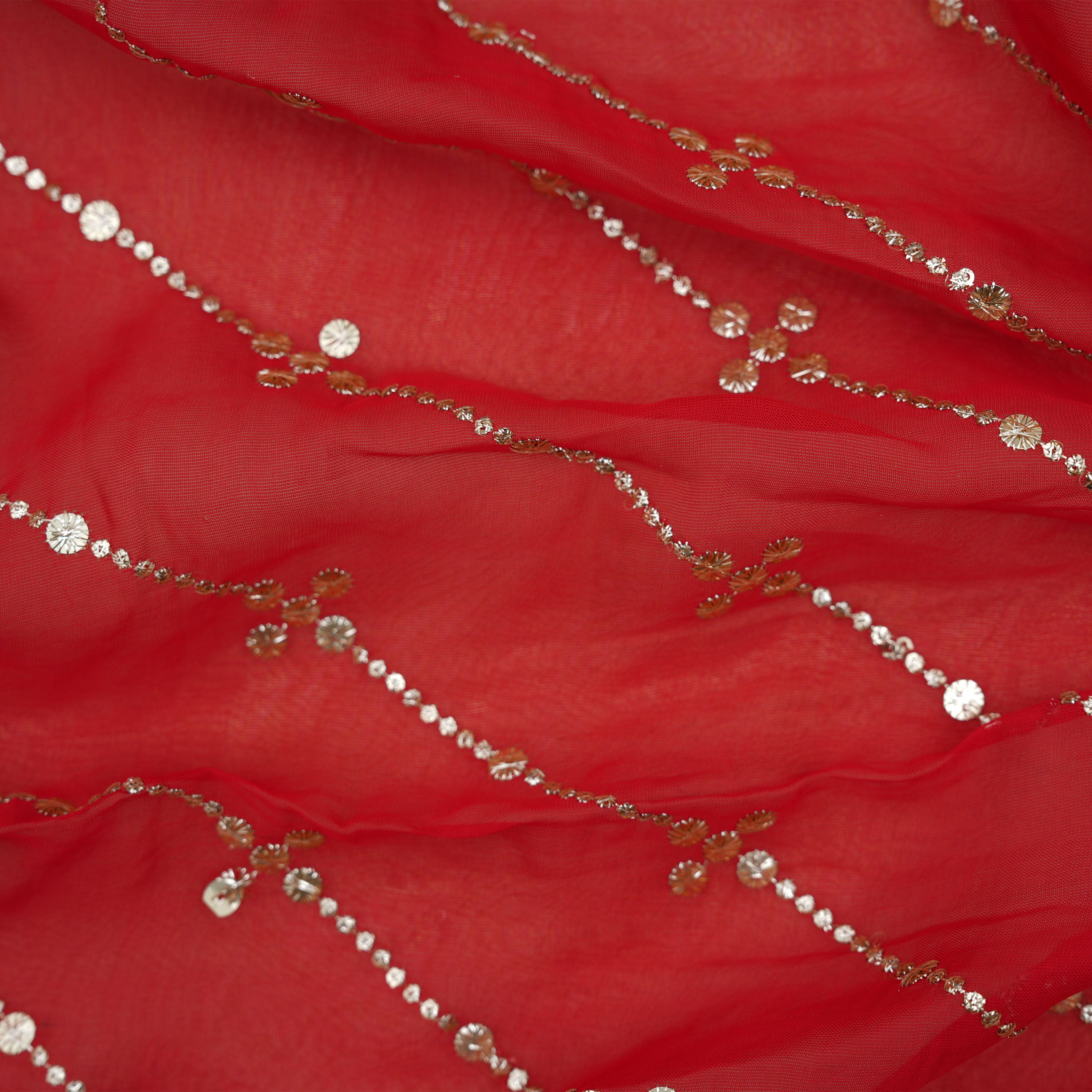 Crimson Red Mirror Zari Embroidered Organza Fabric