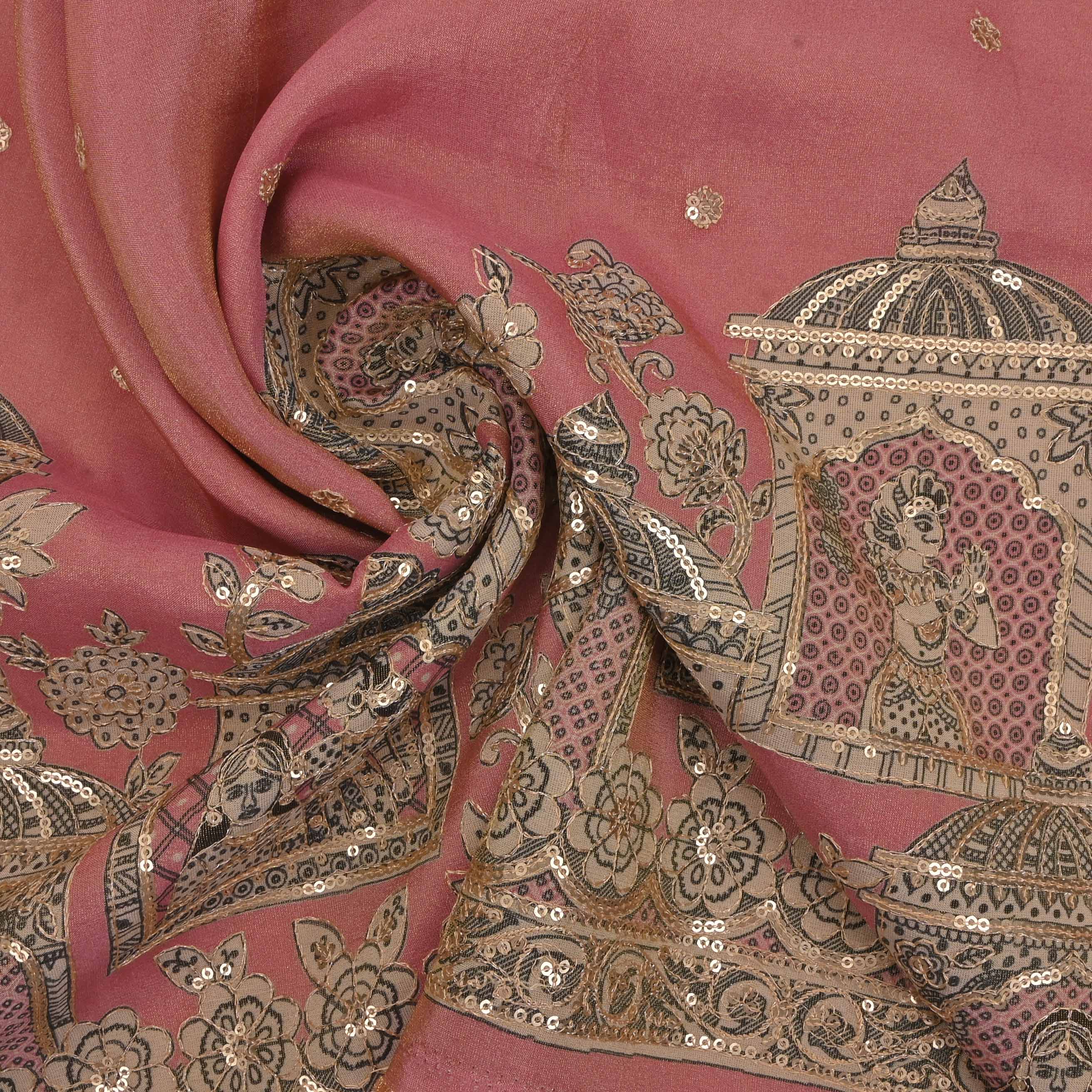 Strawberry Pink Tissue Embroidery Border Fabric