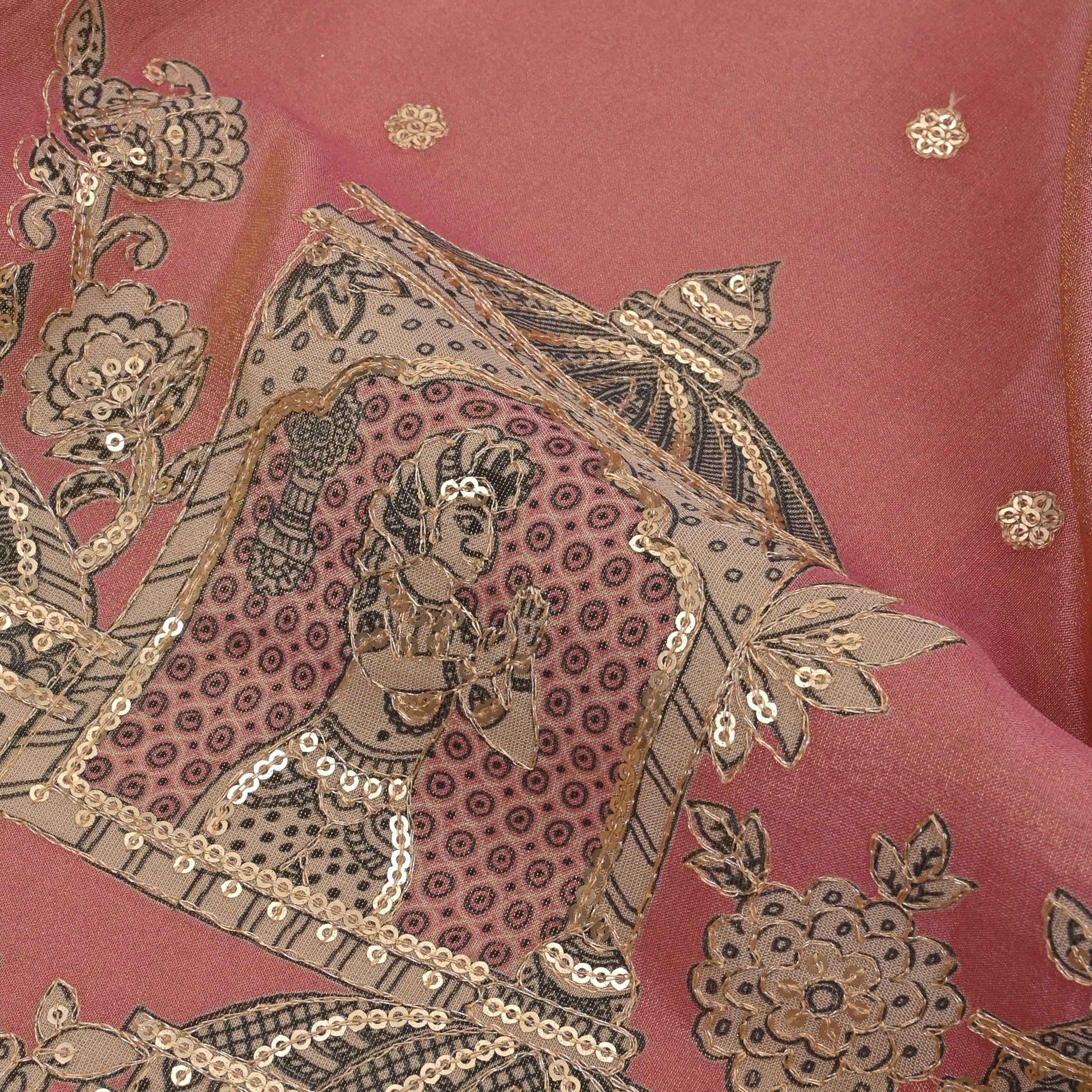 Strawberry Pink Tissue Embroidery Border Fabric