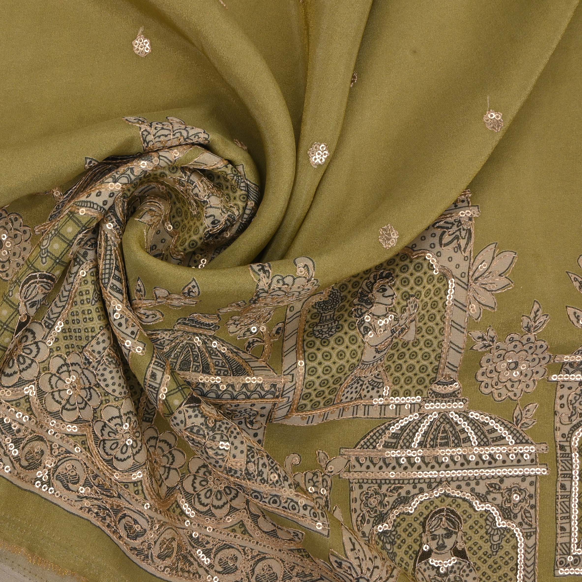 Citrus Green Tissue Embroidery Border Fabric