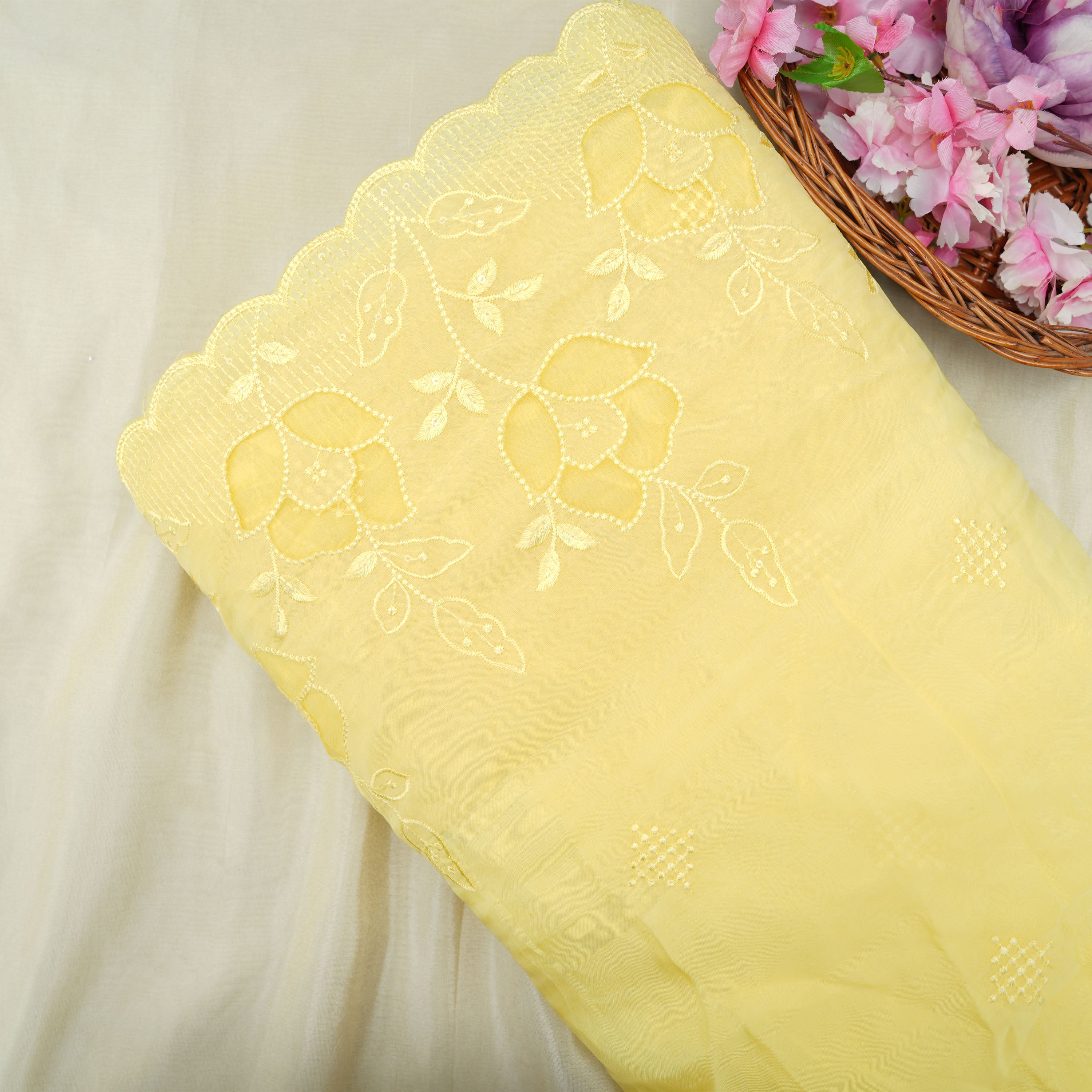 Apache Yellow Floral Embroidered Organza Fabric