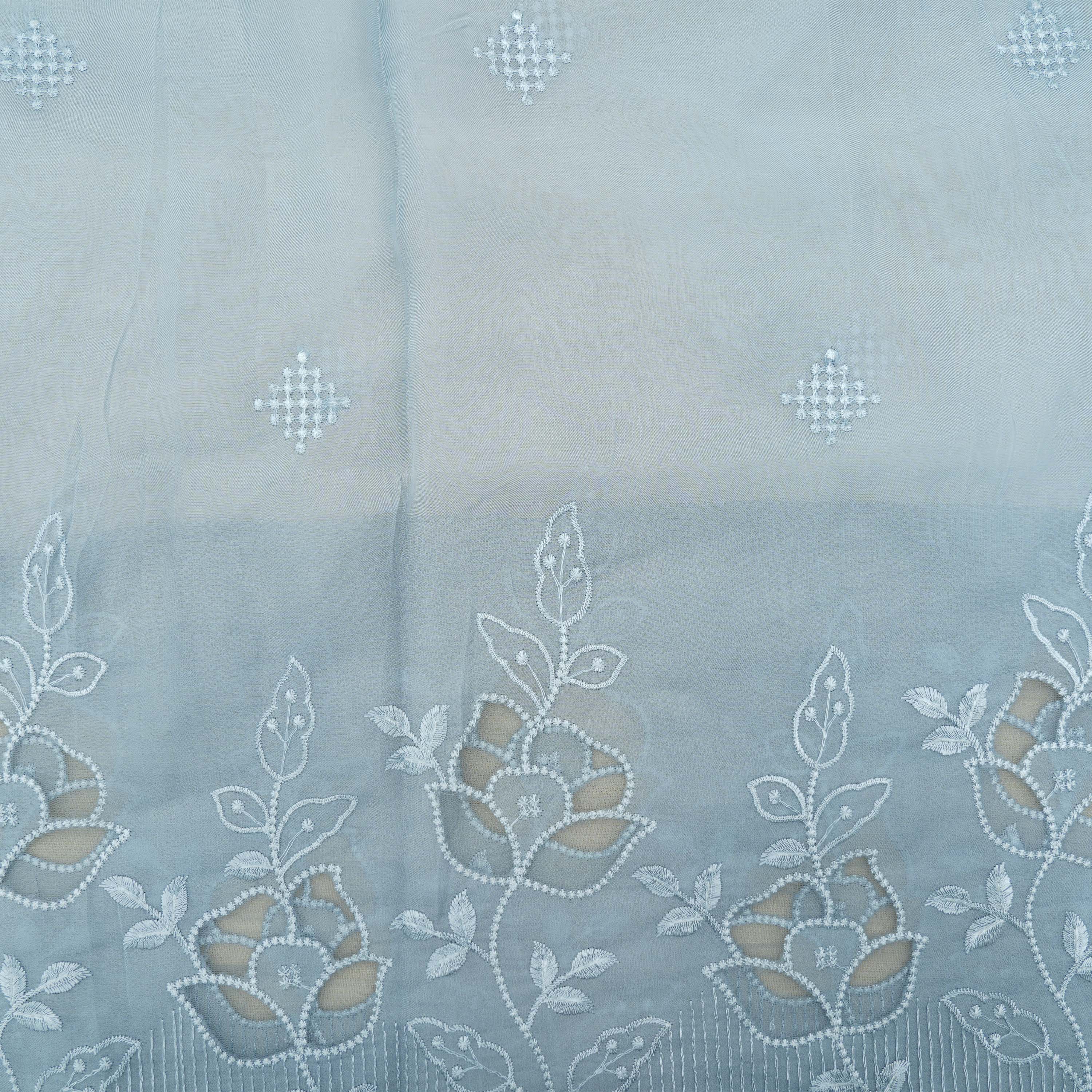 Rock Blue Floral Threadwork Embroidered Organza Fabric