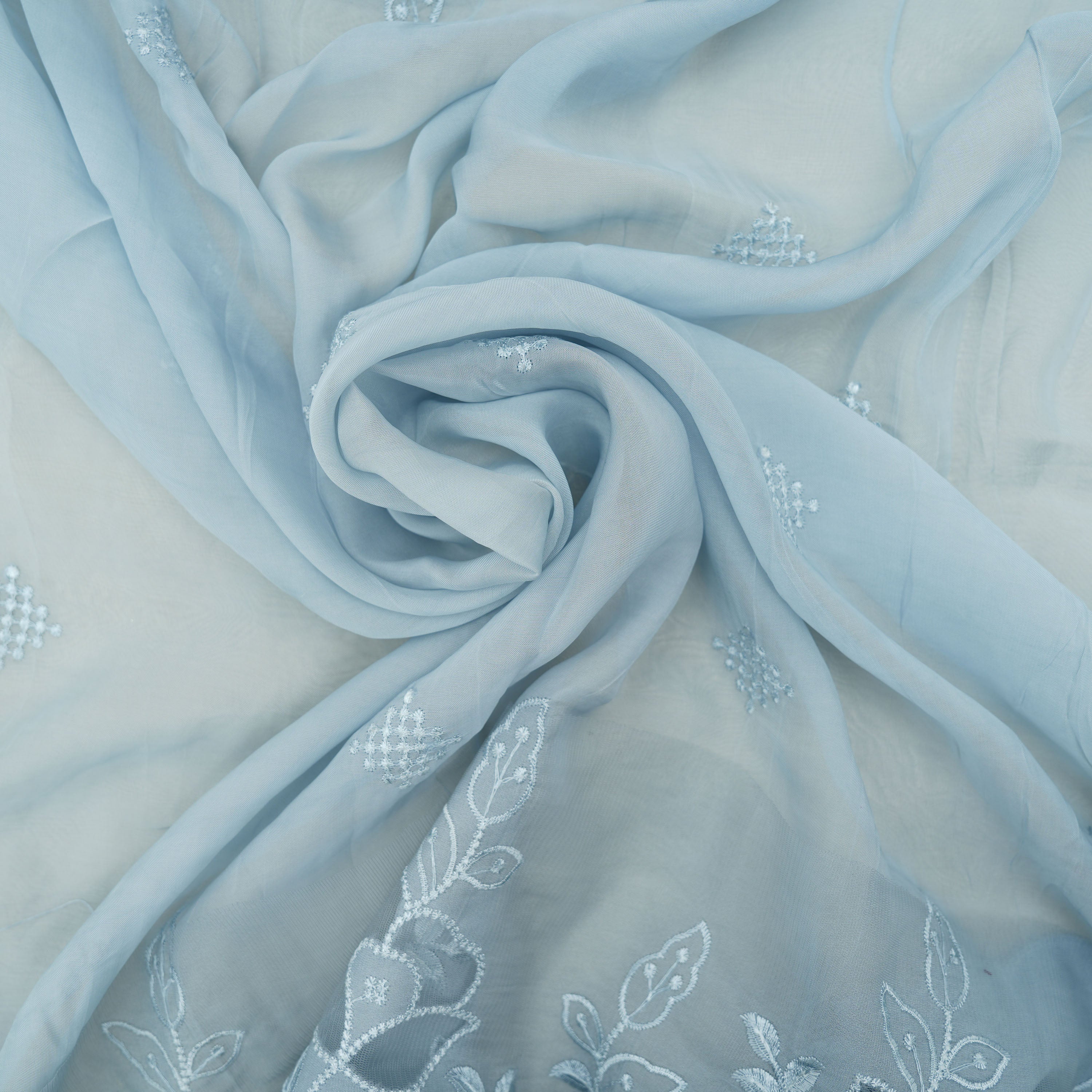 Rock Blue Floral Threadwork Embroidered Organza Fabric