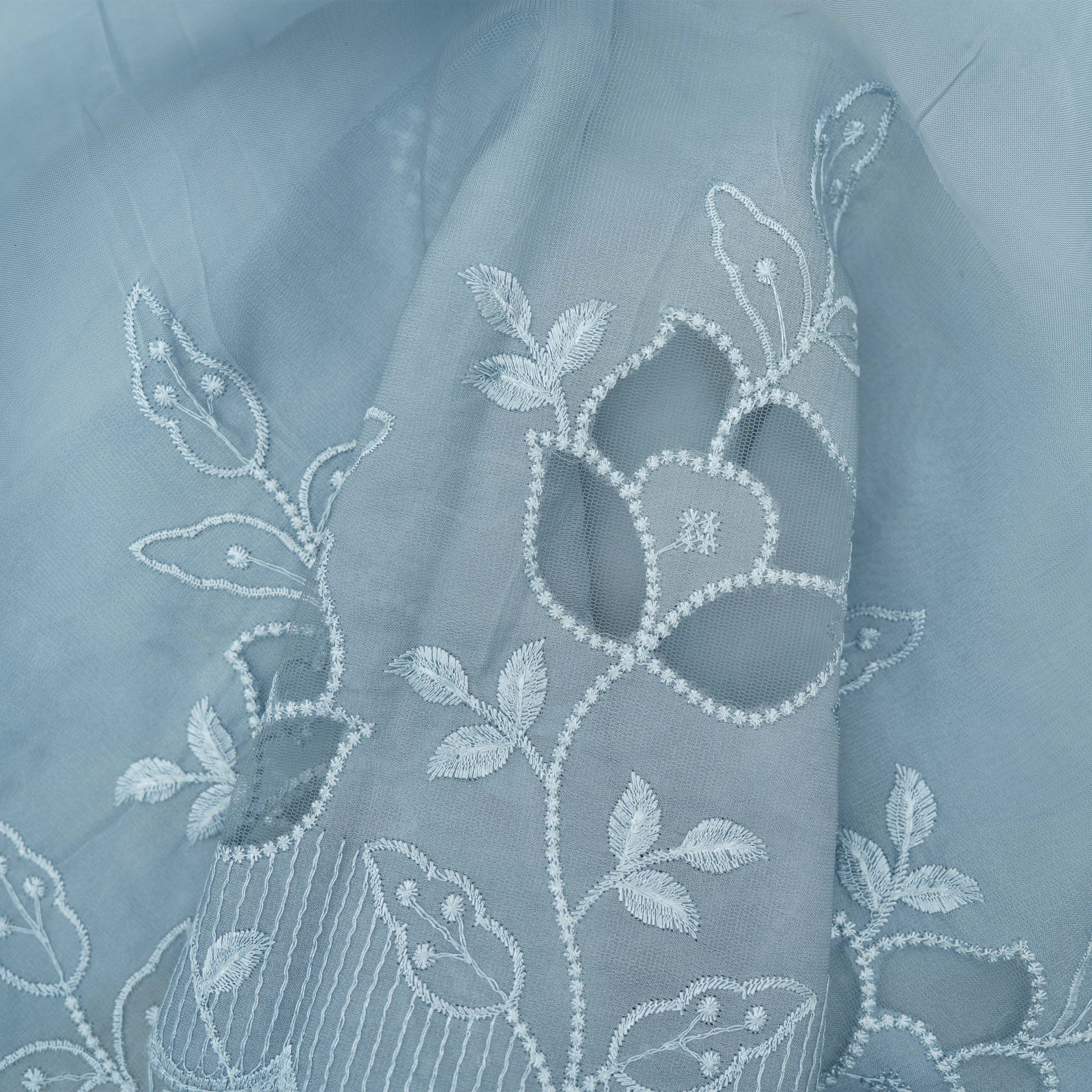 Rock Blue Floral Threadwork Embroidered Organza Fabric