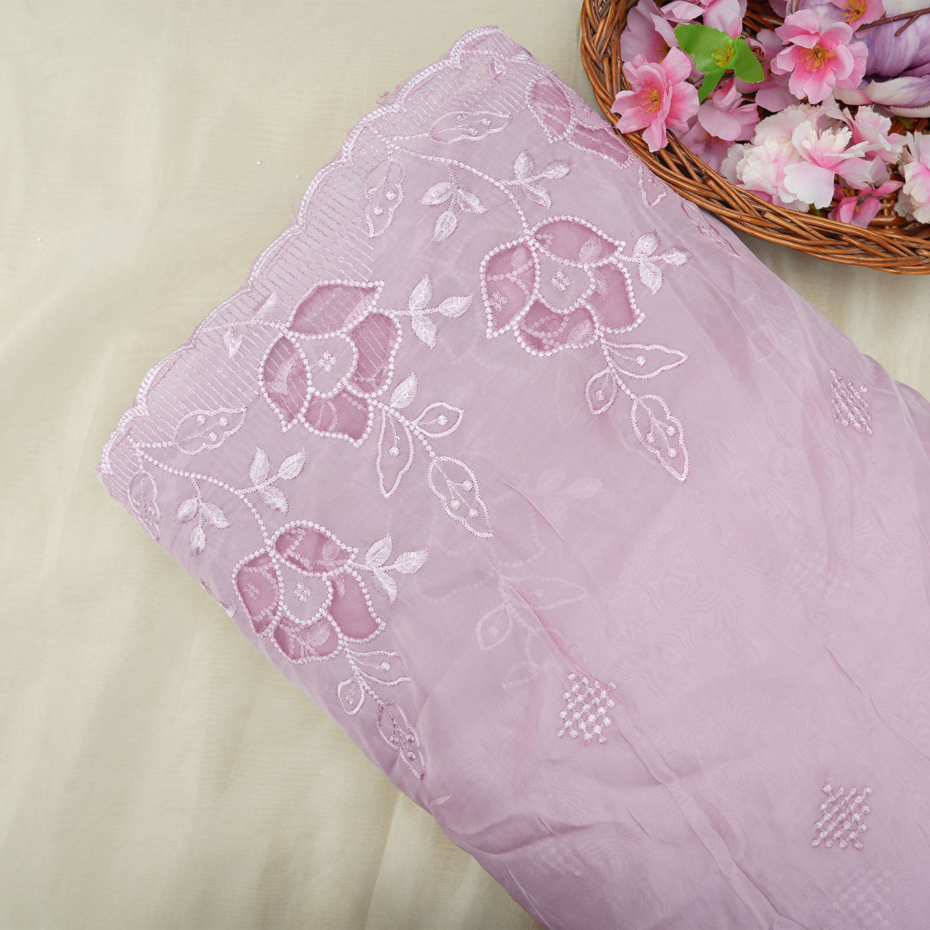 Pale Lilly Purple Floral Embroidered Organza Fabric