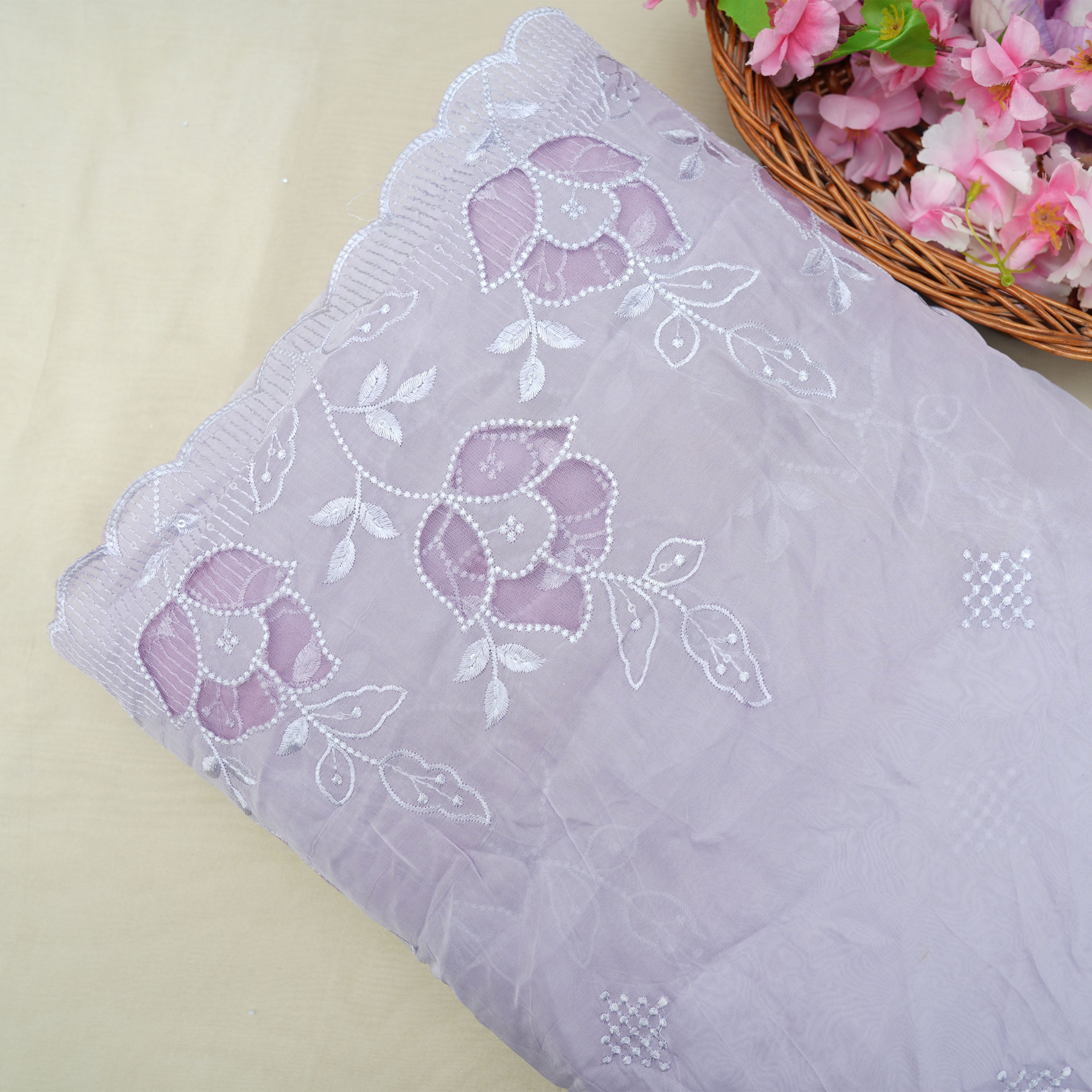 Wisteria Purple Floral Threadwork Embroidered Organza Fabric