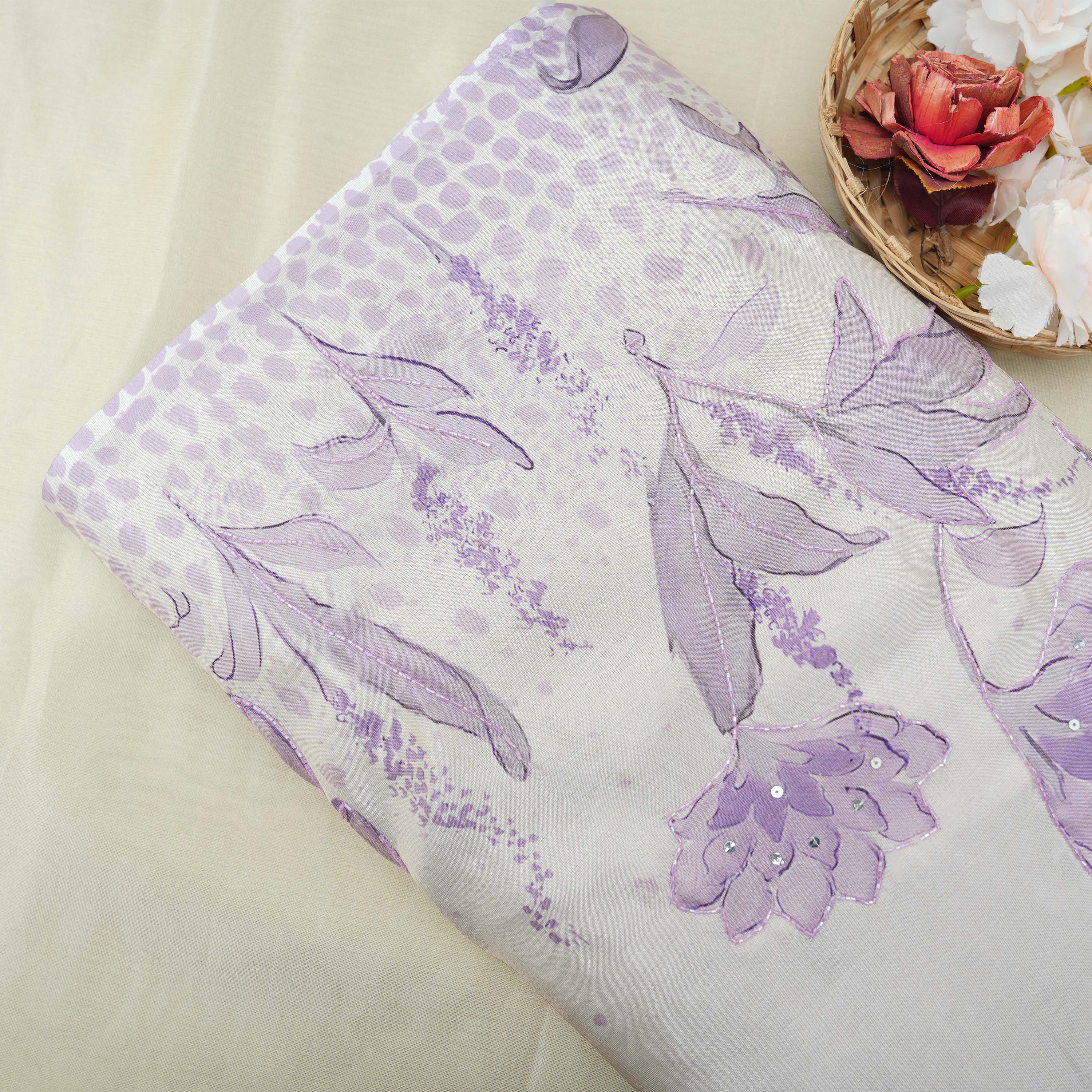 Pink Swan Purple Aesthetic Floral With Cut Beads Tissue Fabric