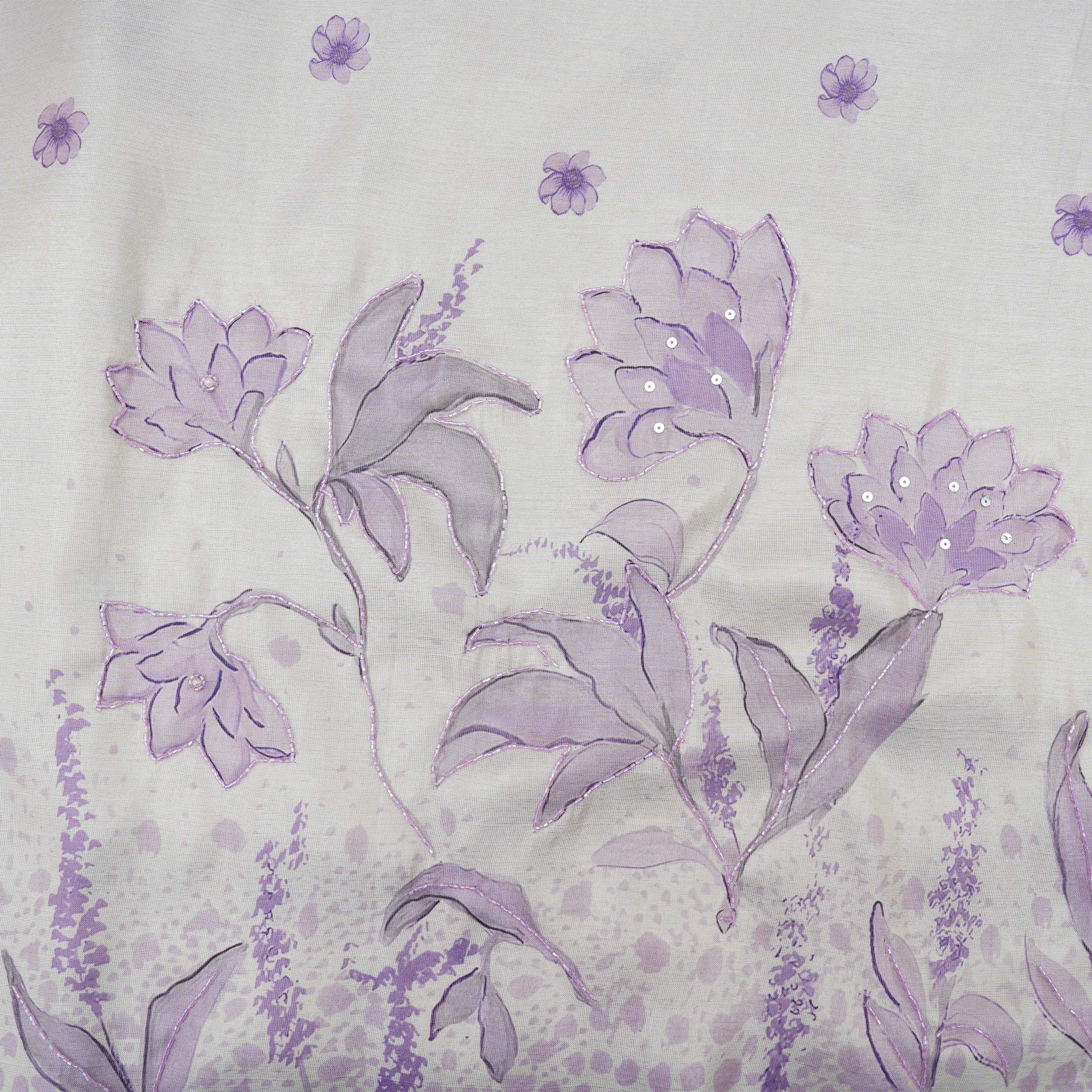 Pink Swan Purple Aesthetic Floral With Cut Beads Tissue Fabric