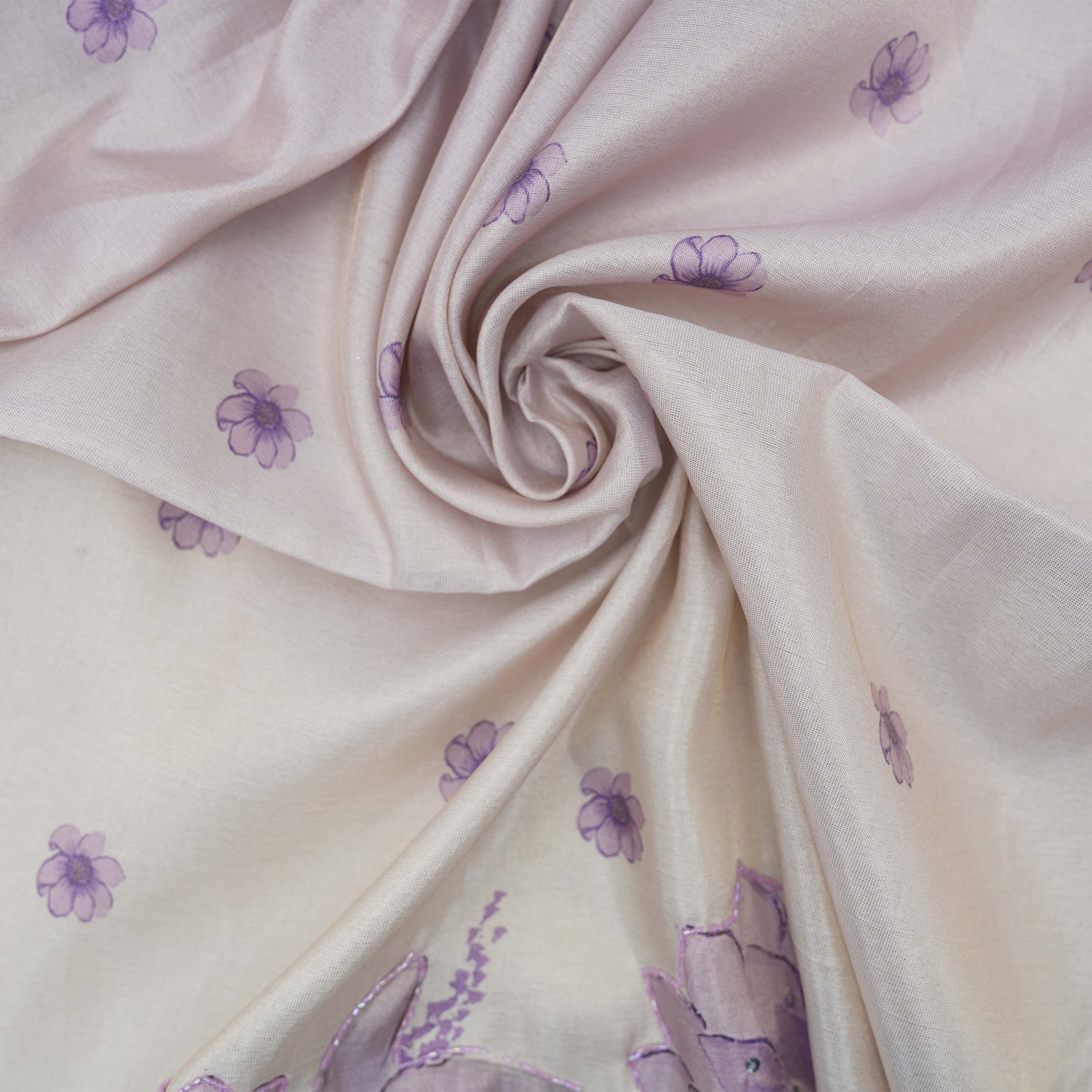 Pink Swan Purple Aesthetic Floral With Cut Beads Tissue Fabric