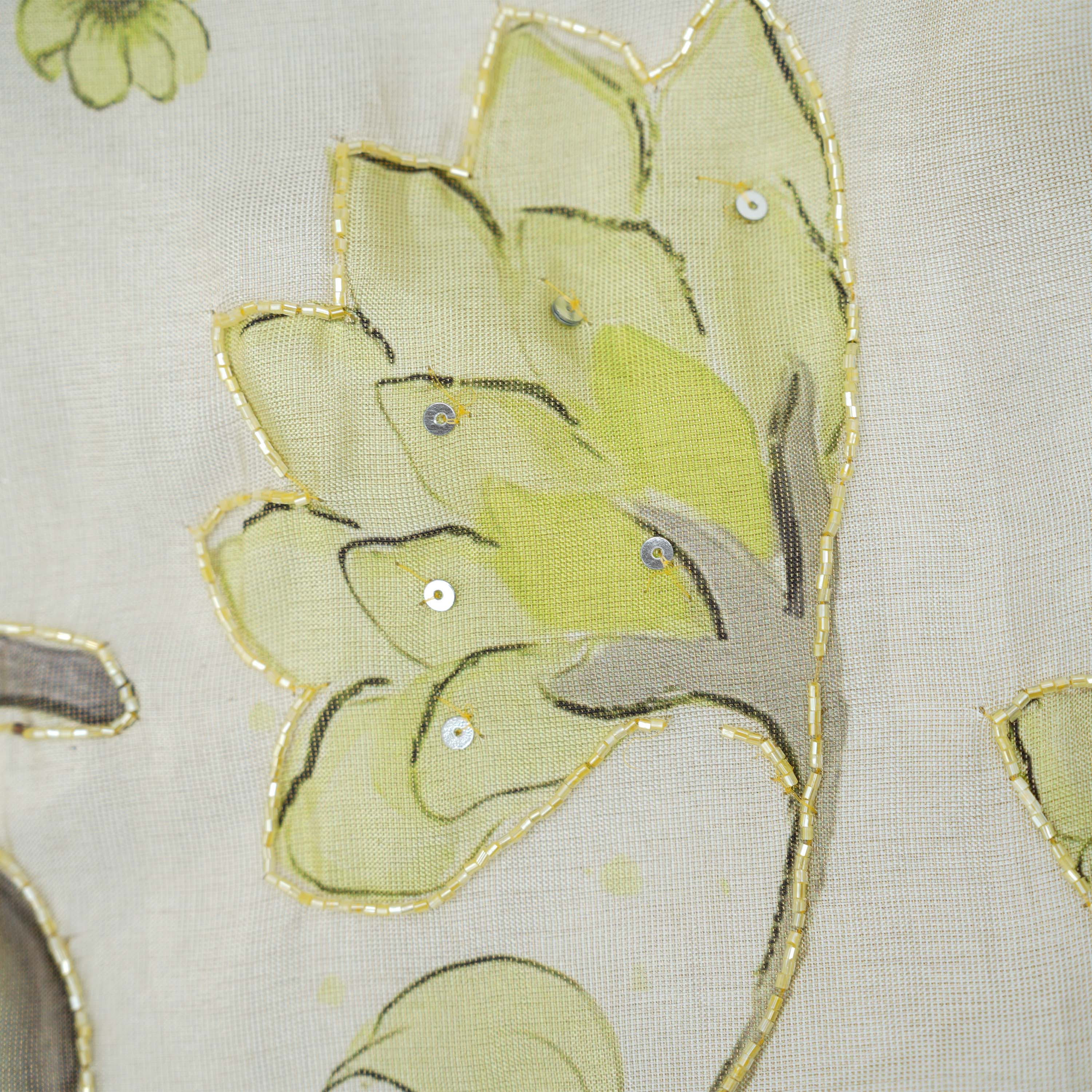 Gray Olive Yellow Multicolor Floral With Cut Beads Tissue Fabric