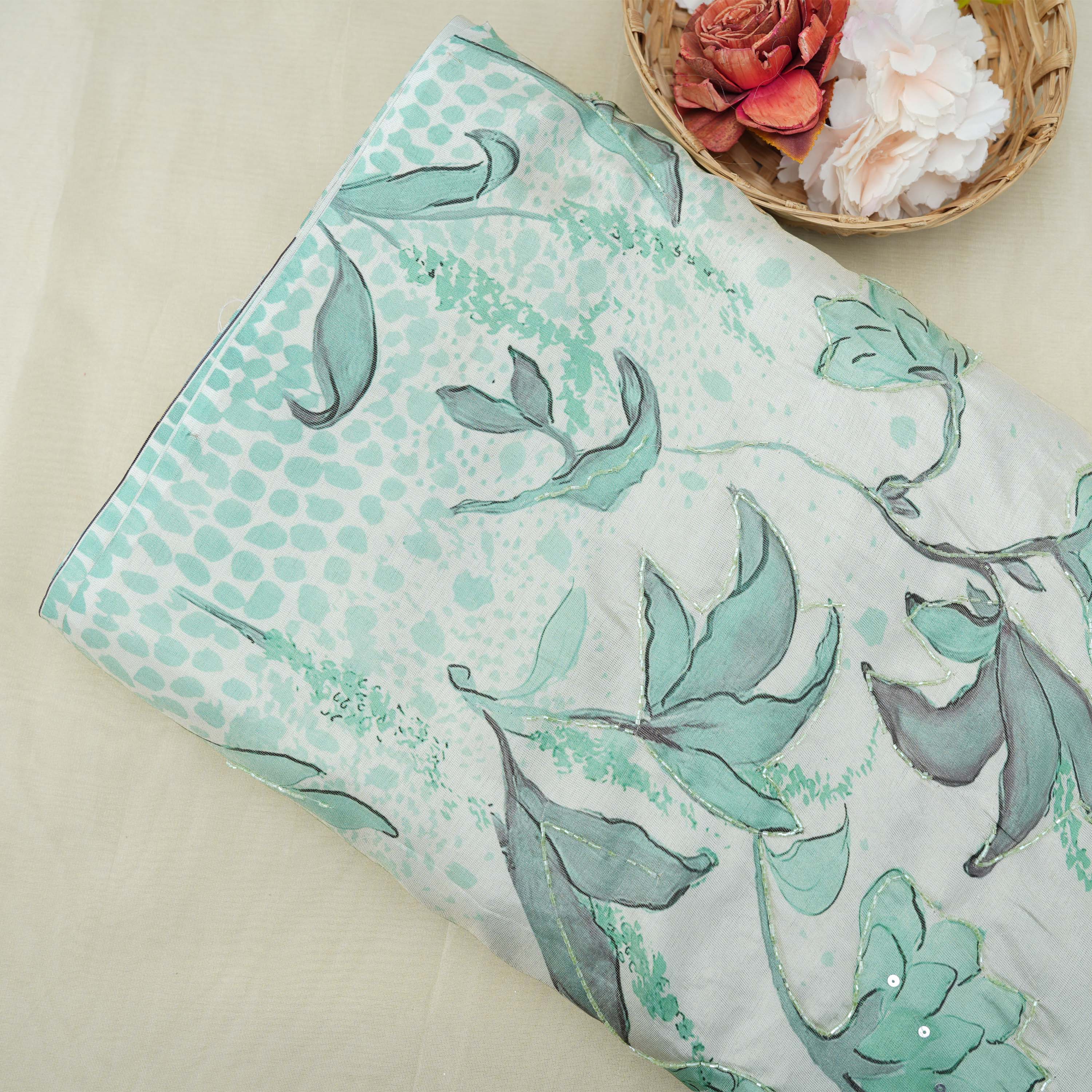 Aqua Green Aesthetic Floral With Cut Beads Tissue Fabric