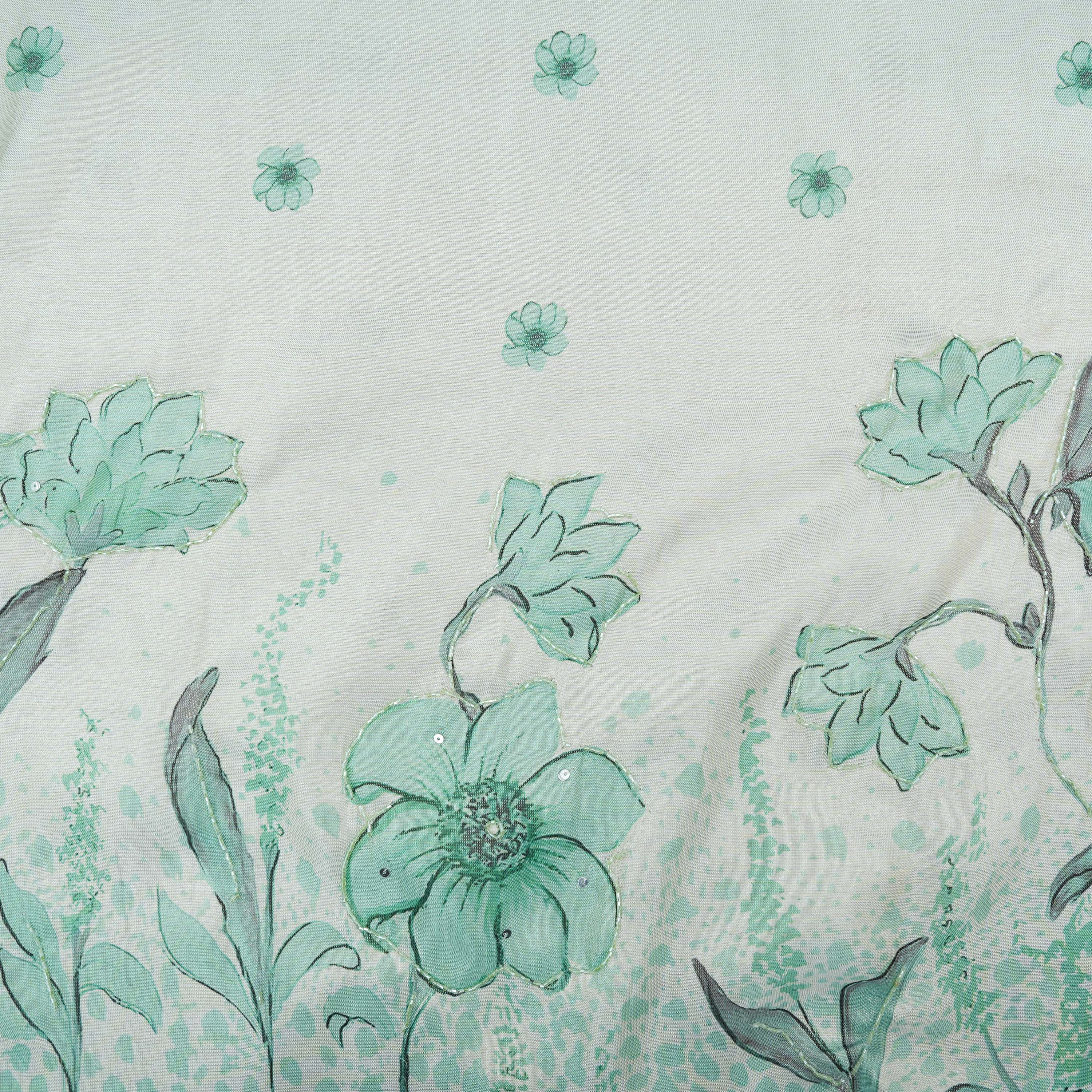 Aqua Green Aesthetic Floral With Cut Beads Tissue Fabric
