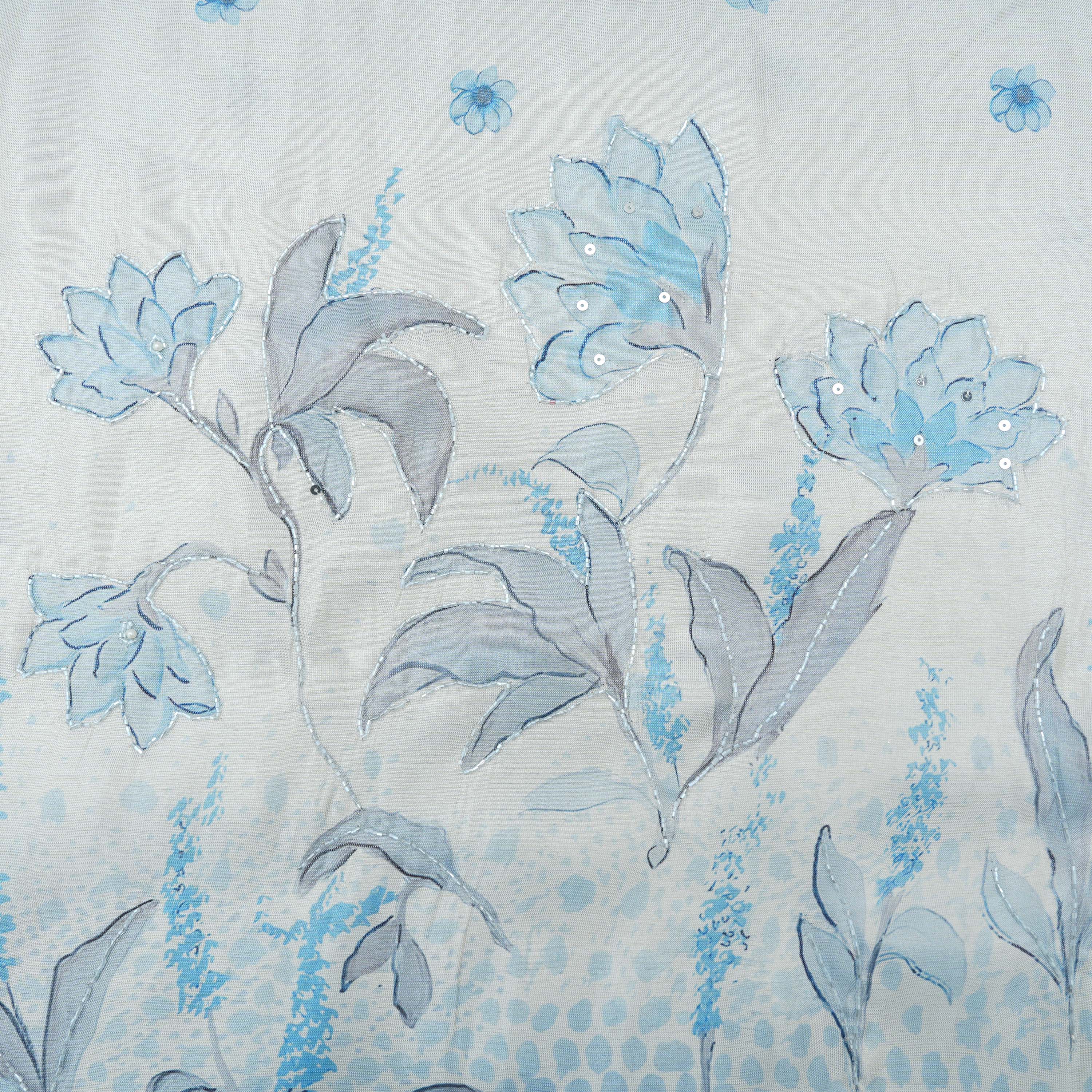 Geyser Blue Multicolor Floral With Cut Beads Tissue Fabric