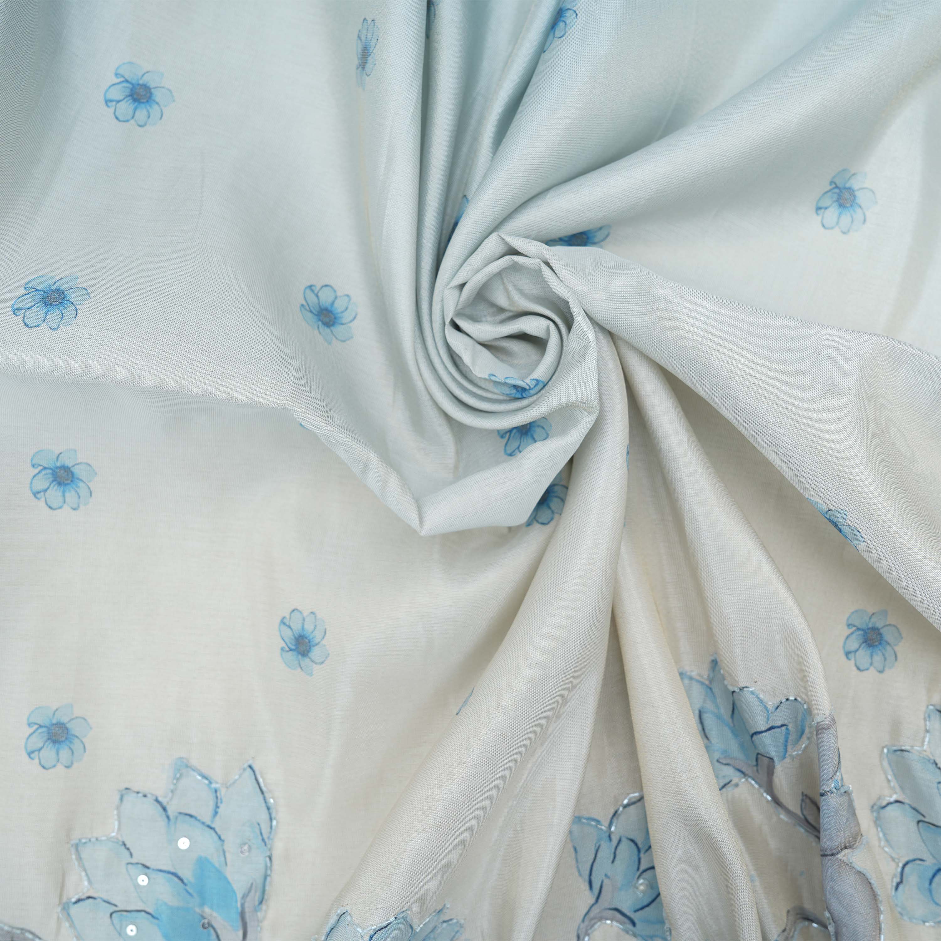 Geyser Blue Multicolor Floral With Cut Beads Tissue Fabric