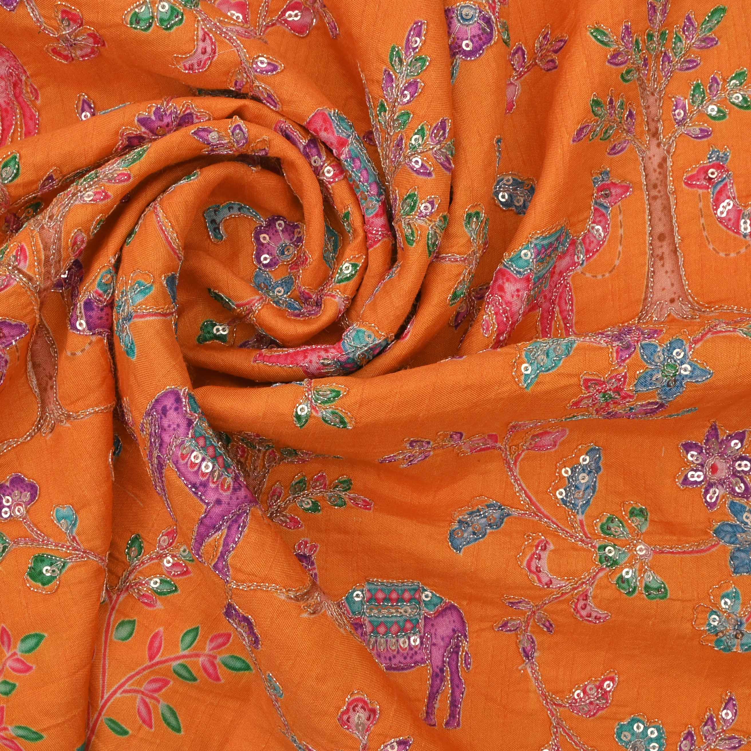 Dark Orange Silk Embroidery Jaal Fabric