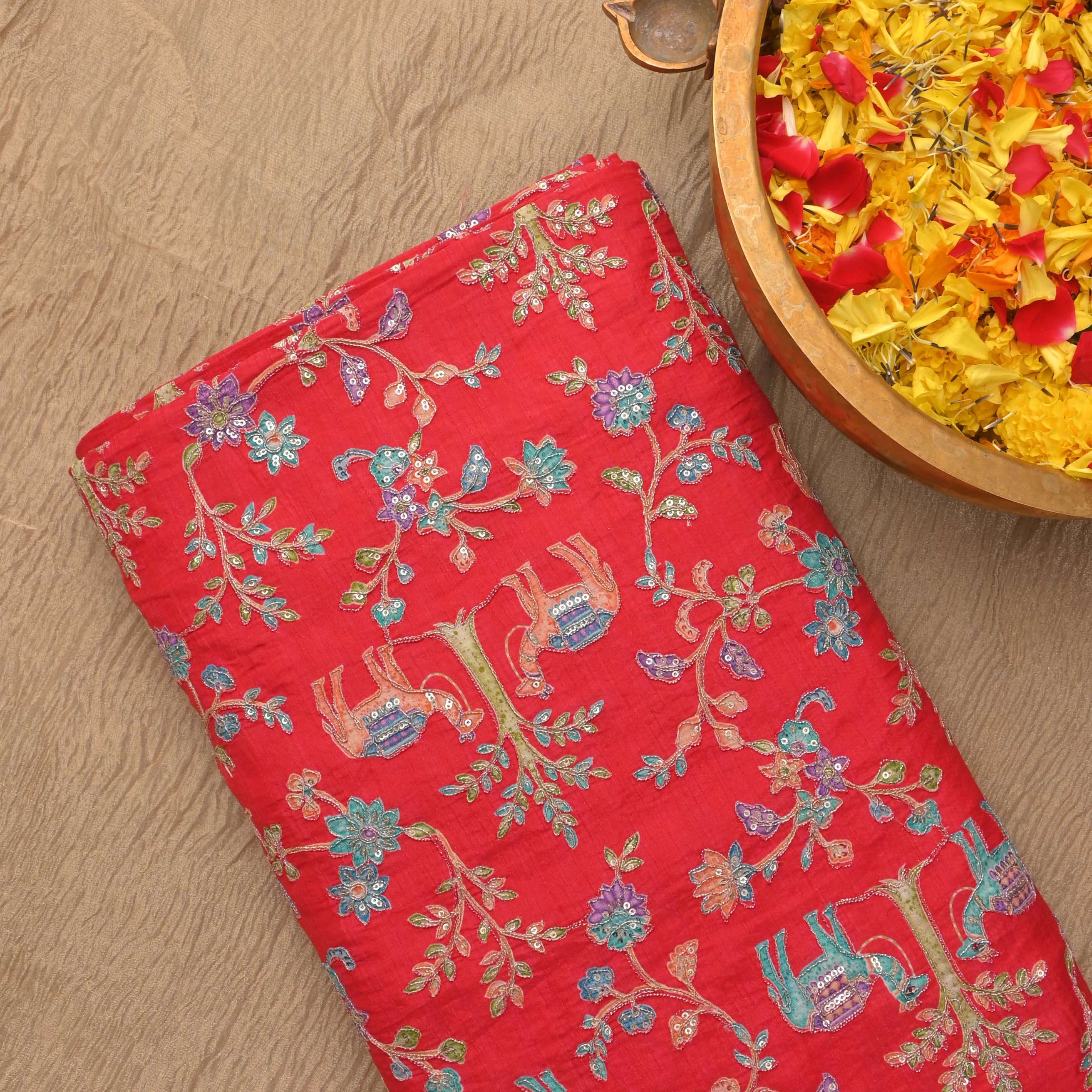 Imperial Red Silk Embroidery Jaal Fabric